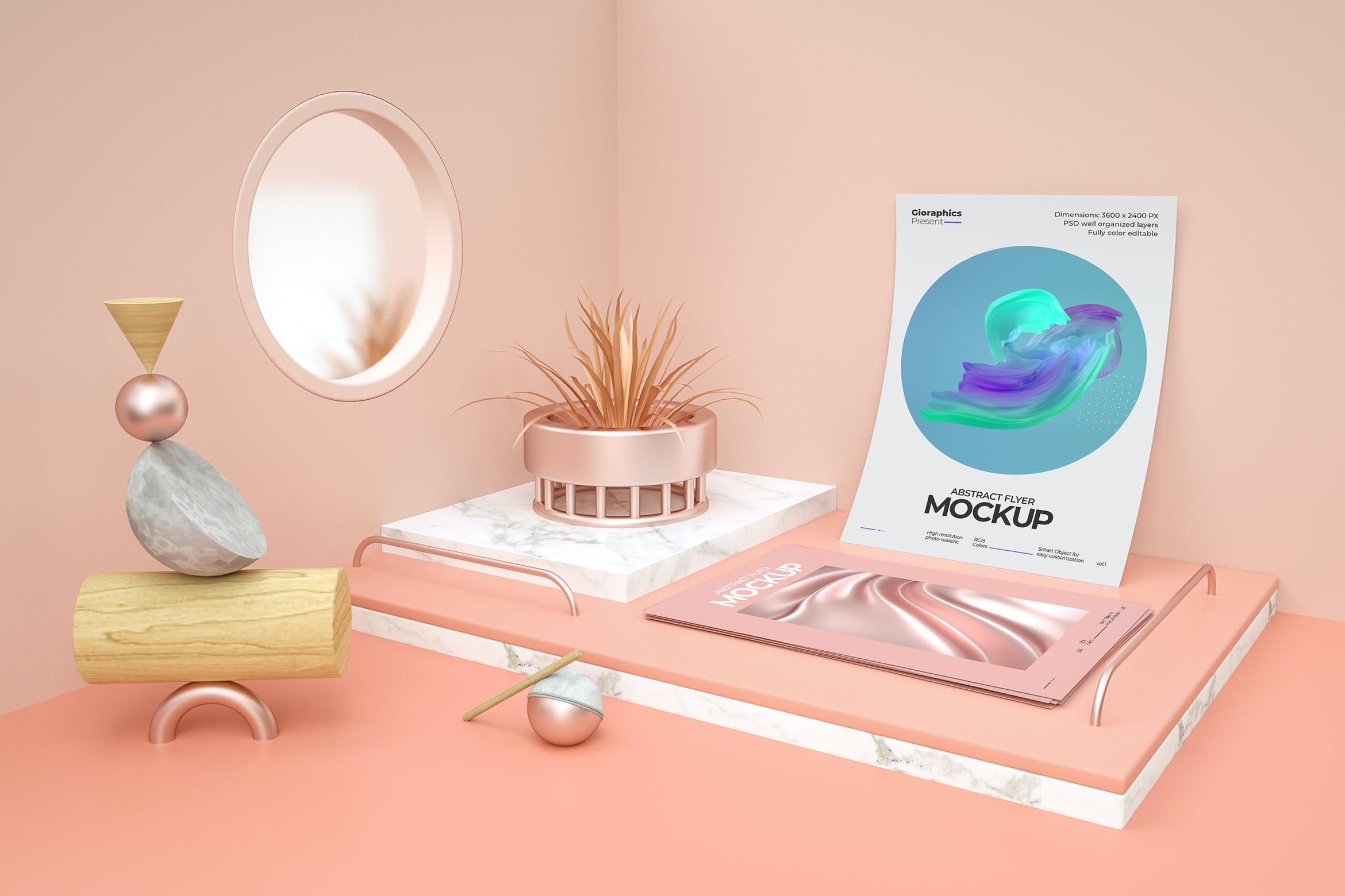 3D元素场景抽象宣传单展示样机 Abstract Flyer Mockup