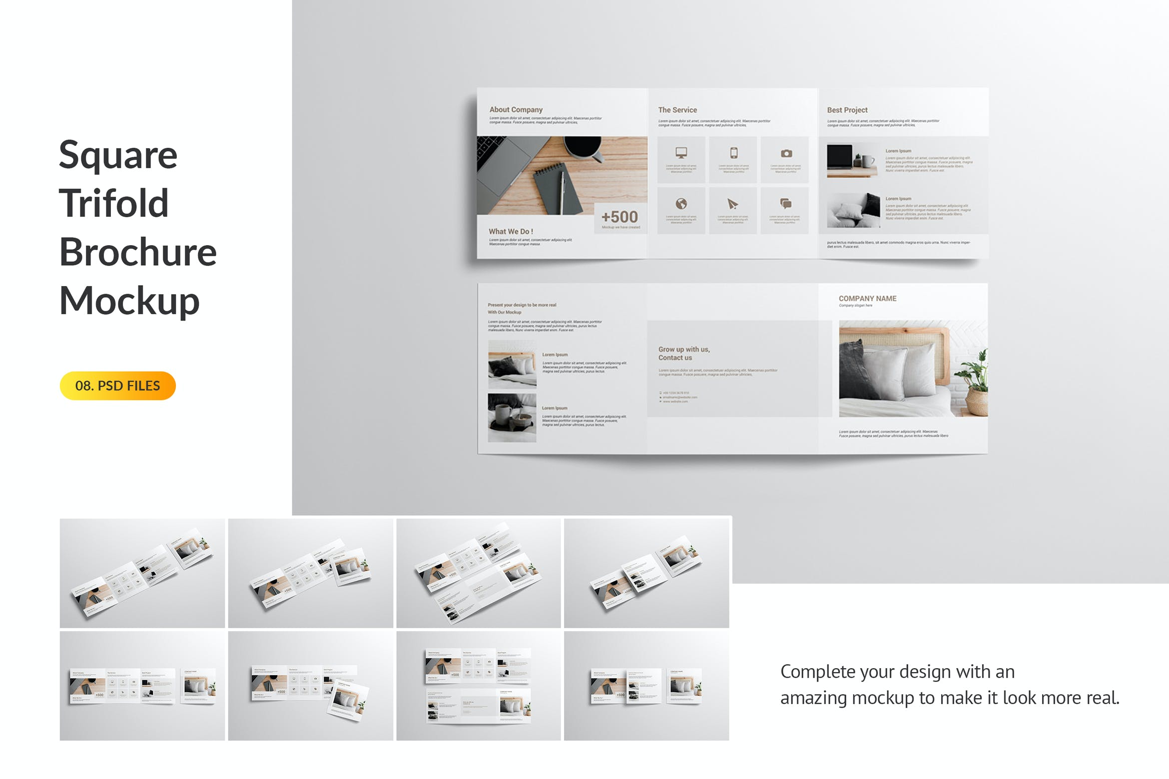 方形三折页家具产品小册子效果图样机 Square Trifold Brochure Mockup