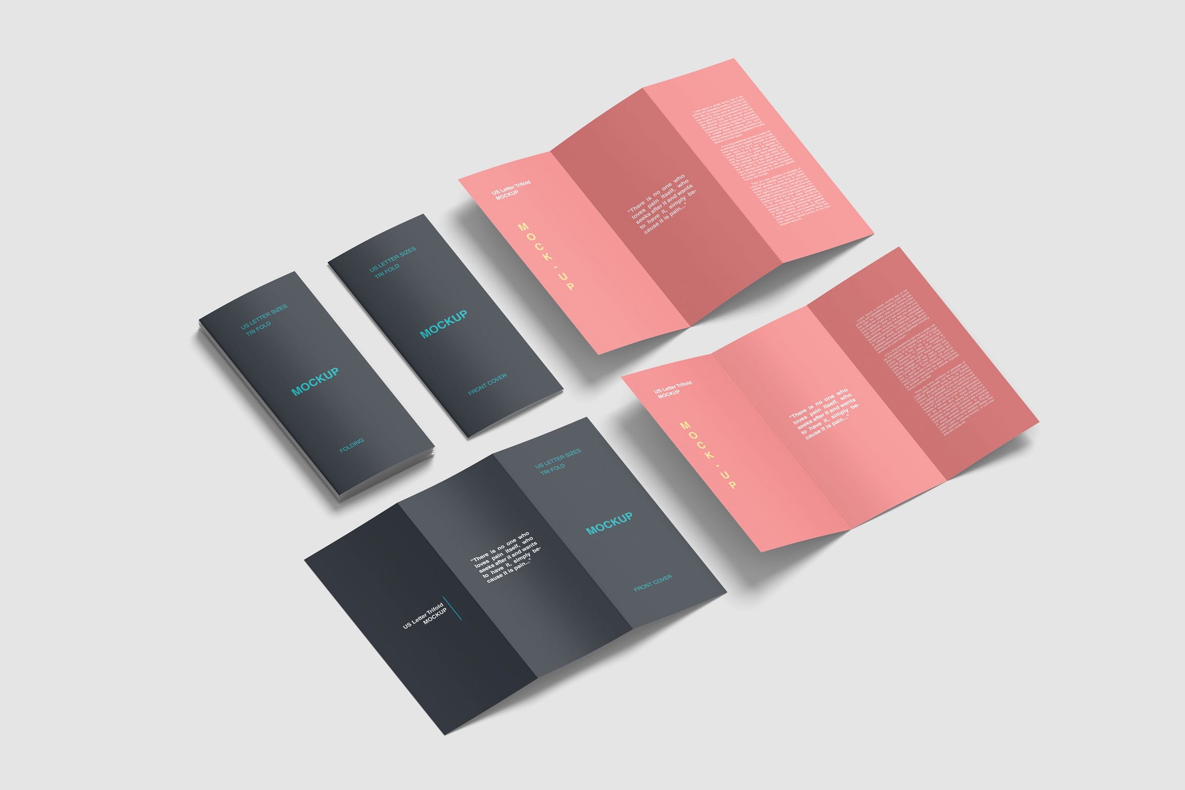 等距美国信件尺寸三折页小册子模板 Isometric US Letter Tri Fold Brochure Mockups Set
