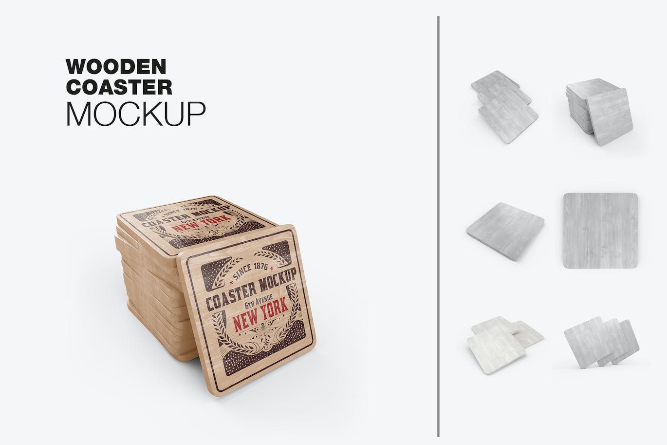 方形木制饮料杯垫设计样机 Set Square Wooden Beverage Coaster Mockup