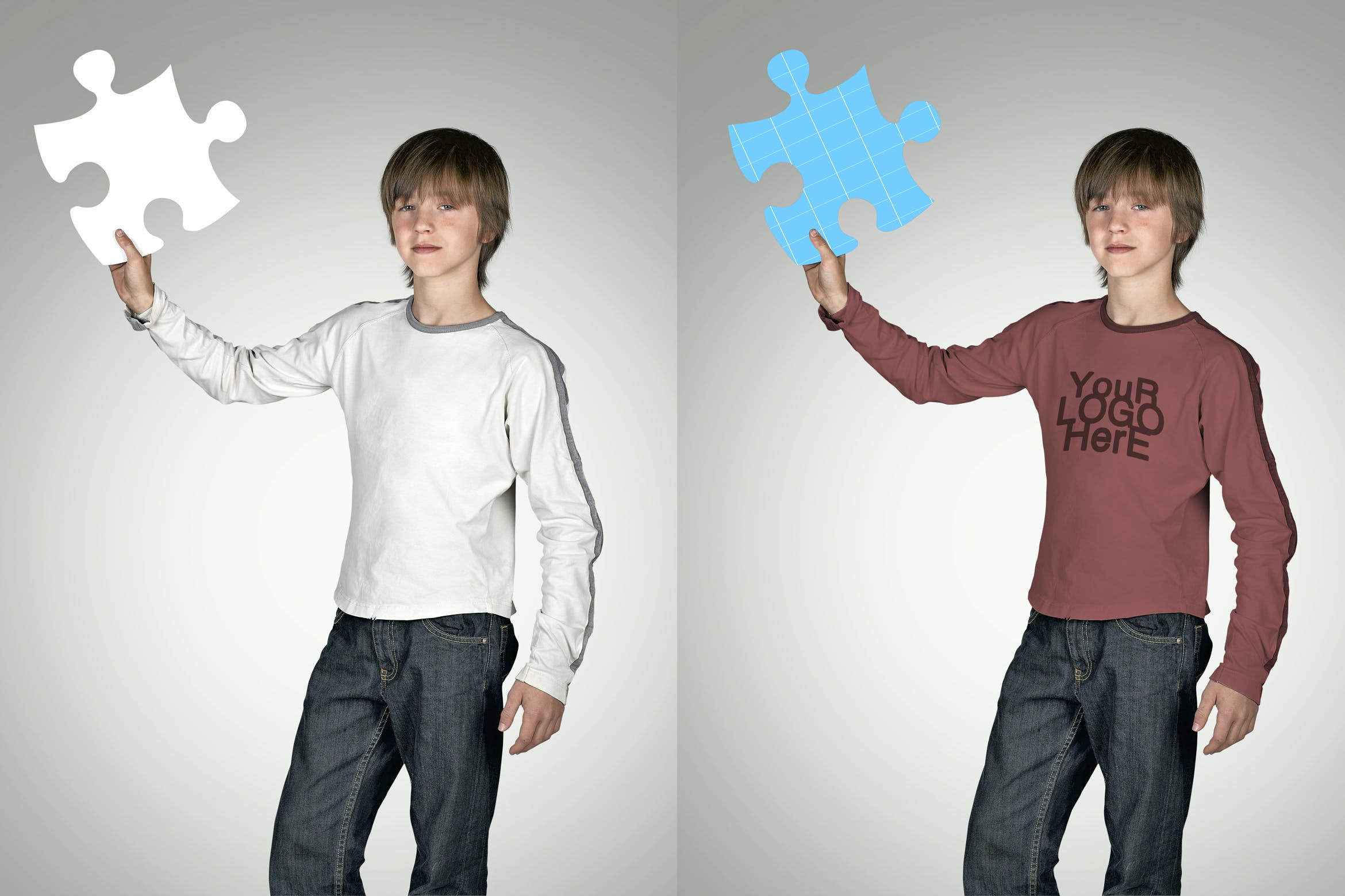 灰色背景男童手持拼图样机模板 Placeit_Teenager_Jigsaw-Mockup
