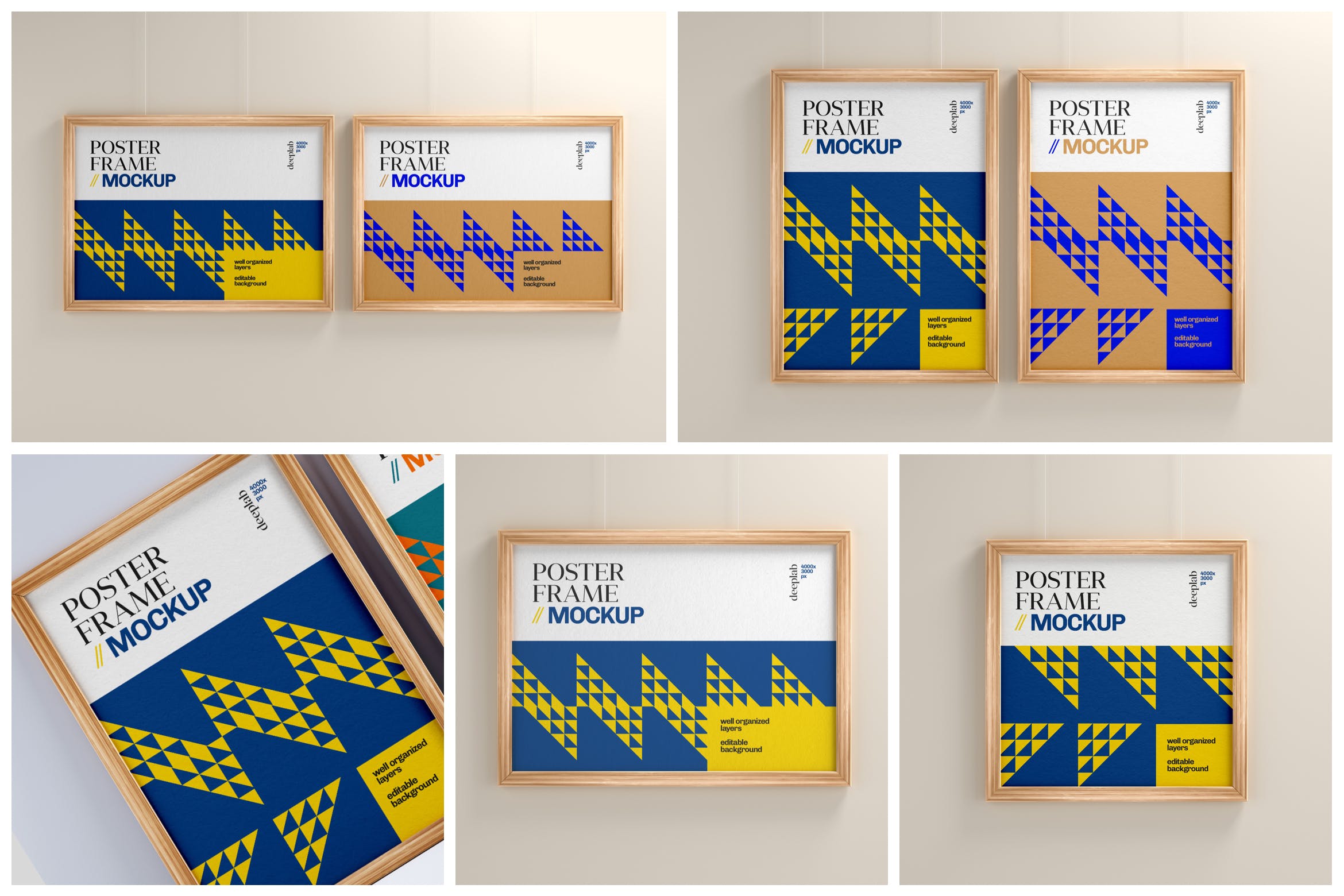 木框海报作品展示样机集 Poster Mockup Set With Wood Frame