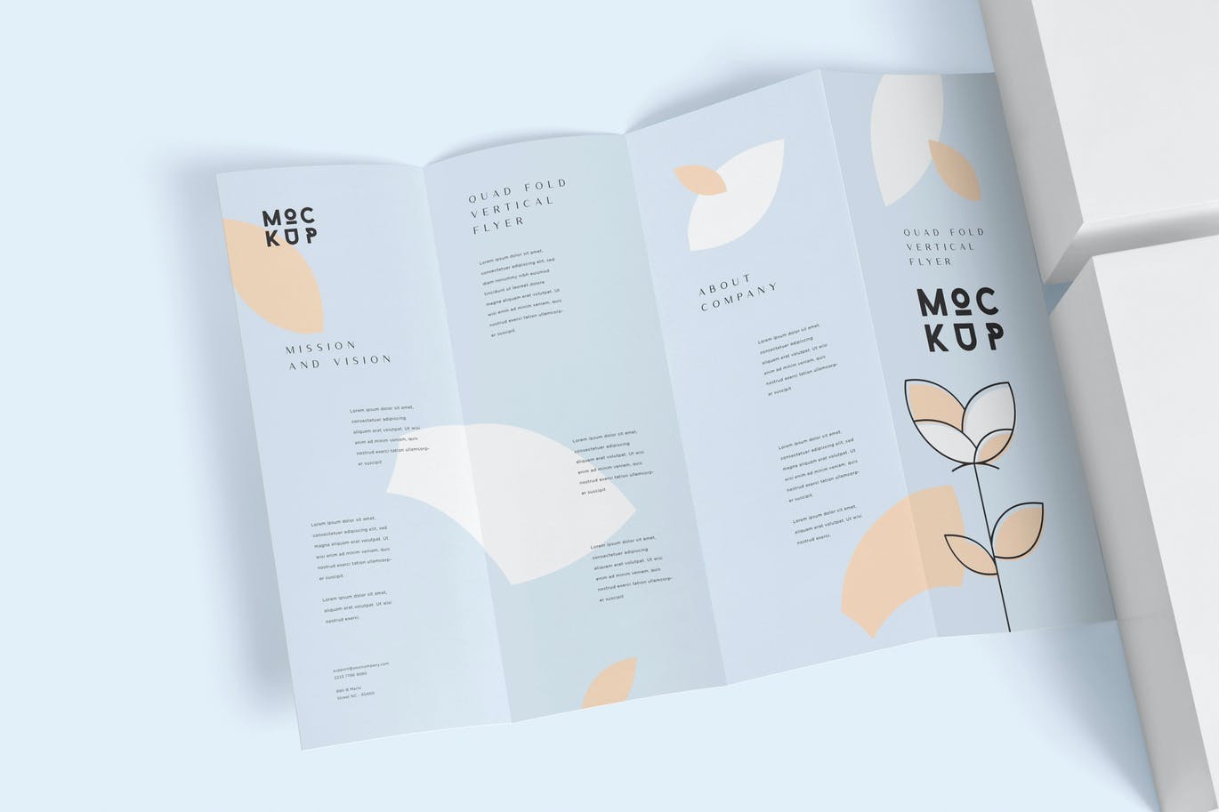 竖版设计风格四折页宣传单效果图展示样机 Quad Fold Vertical Flyer Mockups