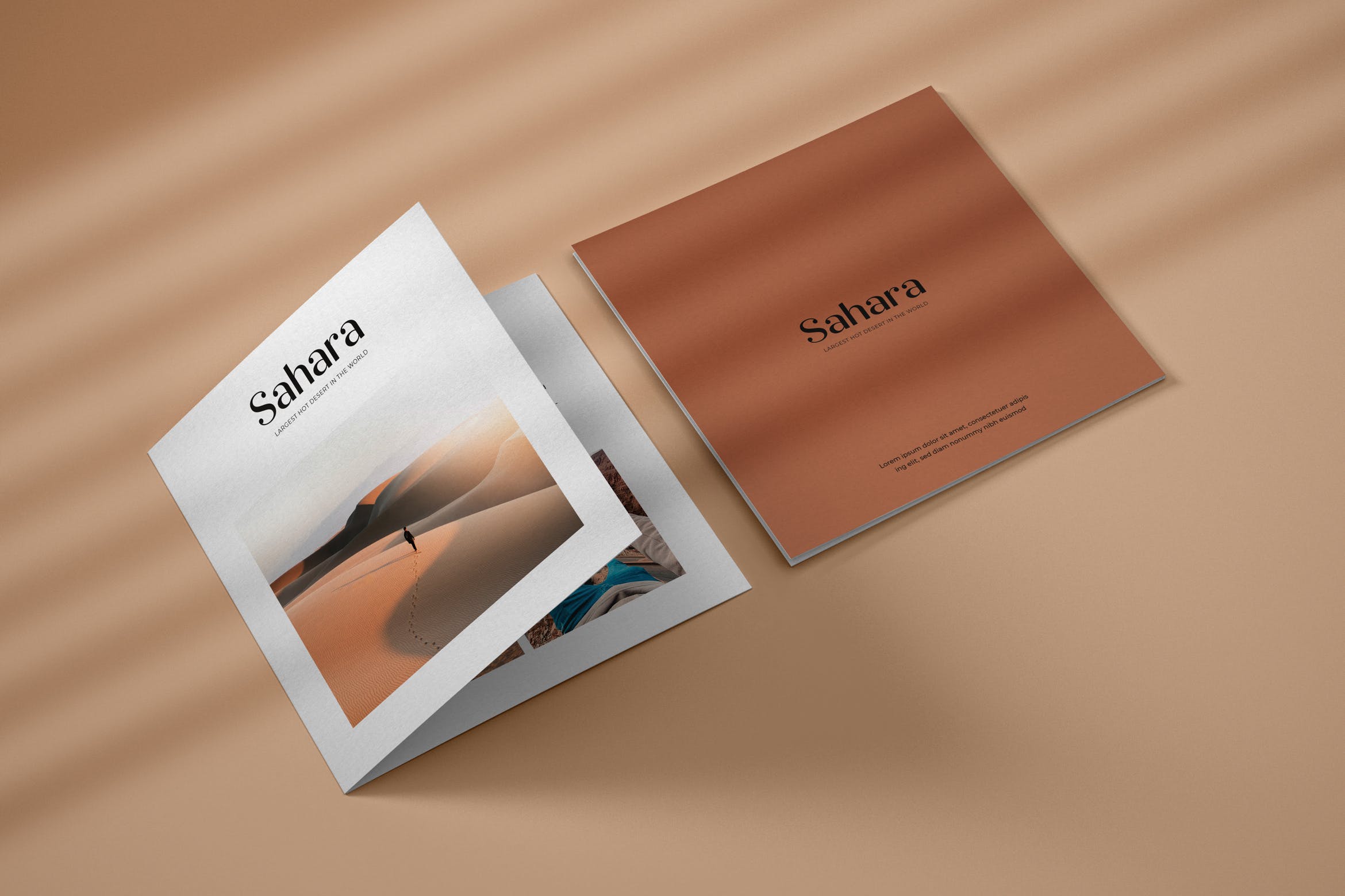 方形双折页小册子设计特写图样机 Square Bifold Brochure Mockup
