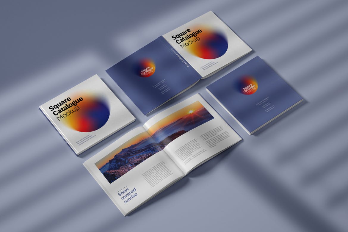 方形产品目录画册设计网格效果图样机 Square Catalogue Mockup