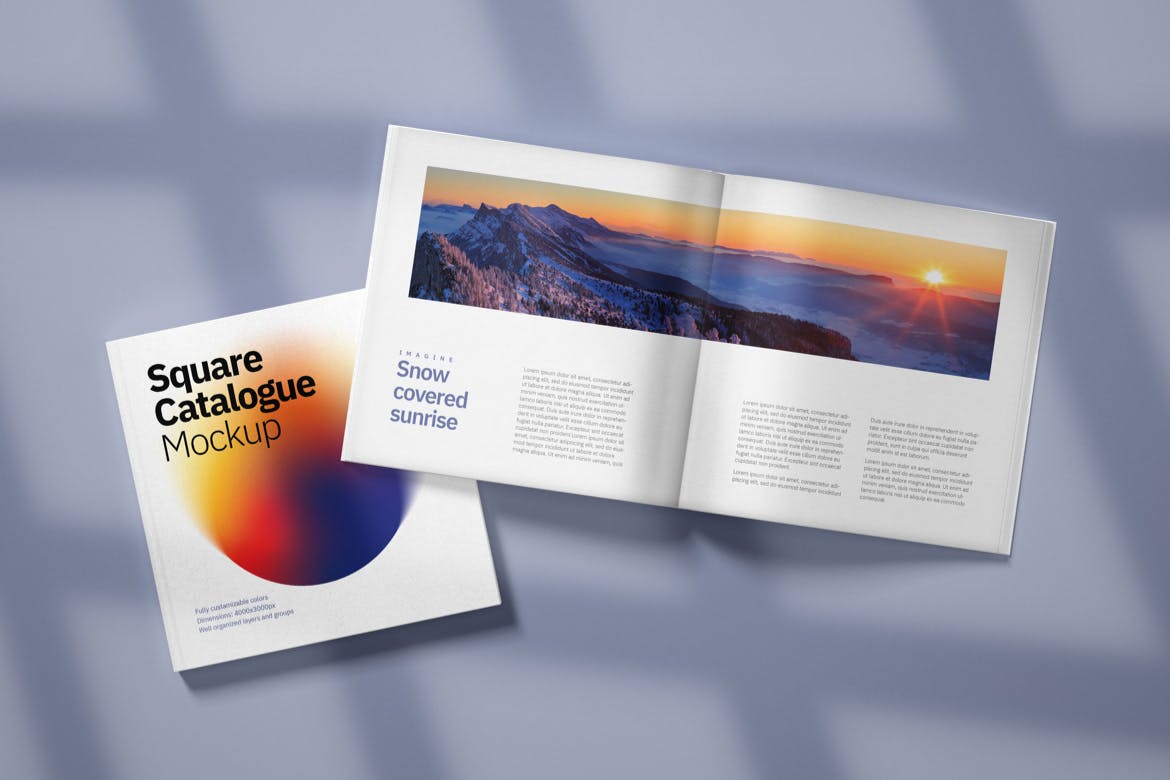方形产品目录画册交叉叠放效果图样机 Square Catalogue Mockup