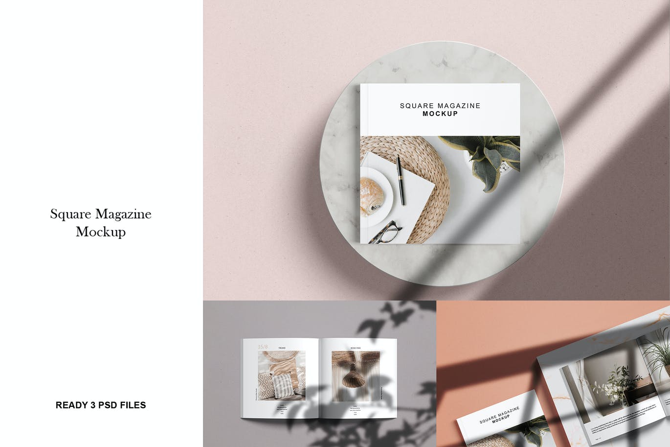 阴影效果方形杂志版式设计效果图样机 Square magazine Mockup