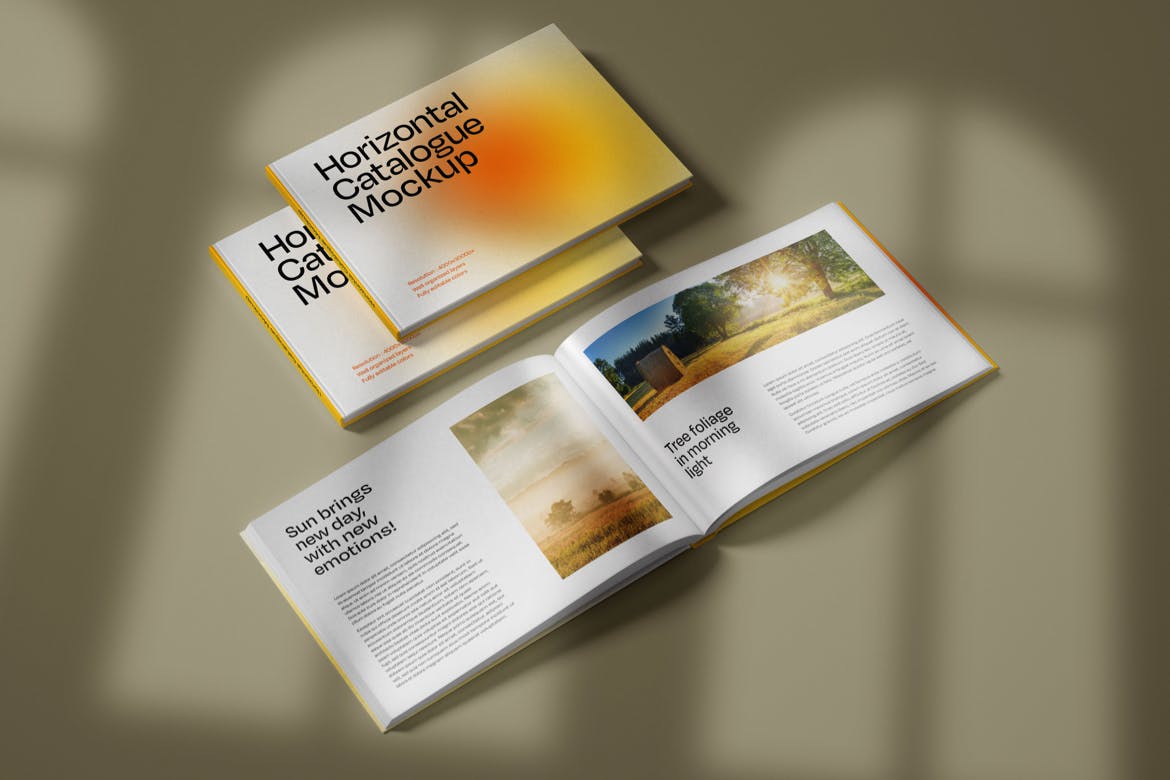 横板产品目录画册封面内页设计组合展示样机v2 Horizontal Catalogue Mockup