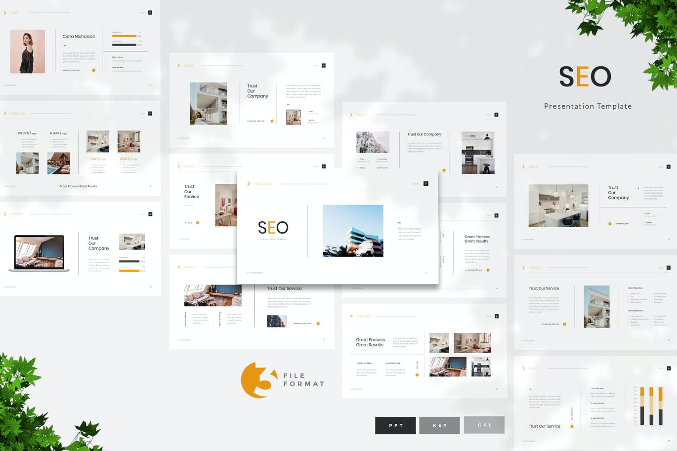 时尚简约高端清新多用途的酒店演示powerpoint幻灯片设计模板（pptx&key）