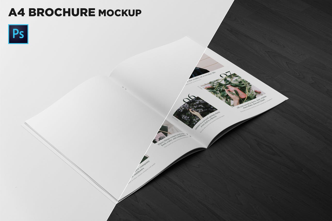 A4宣传小册子/企业画册内页版式设计45度角视图样机 A4 Brochure Mockup 2 Pages Spread