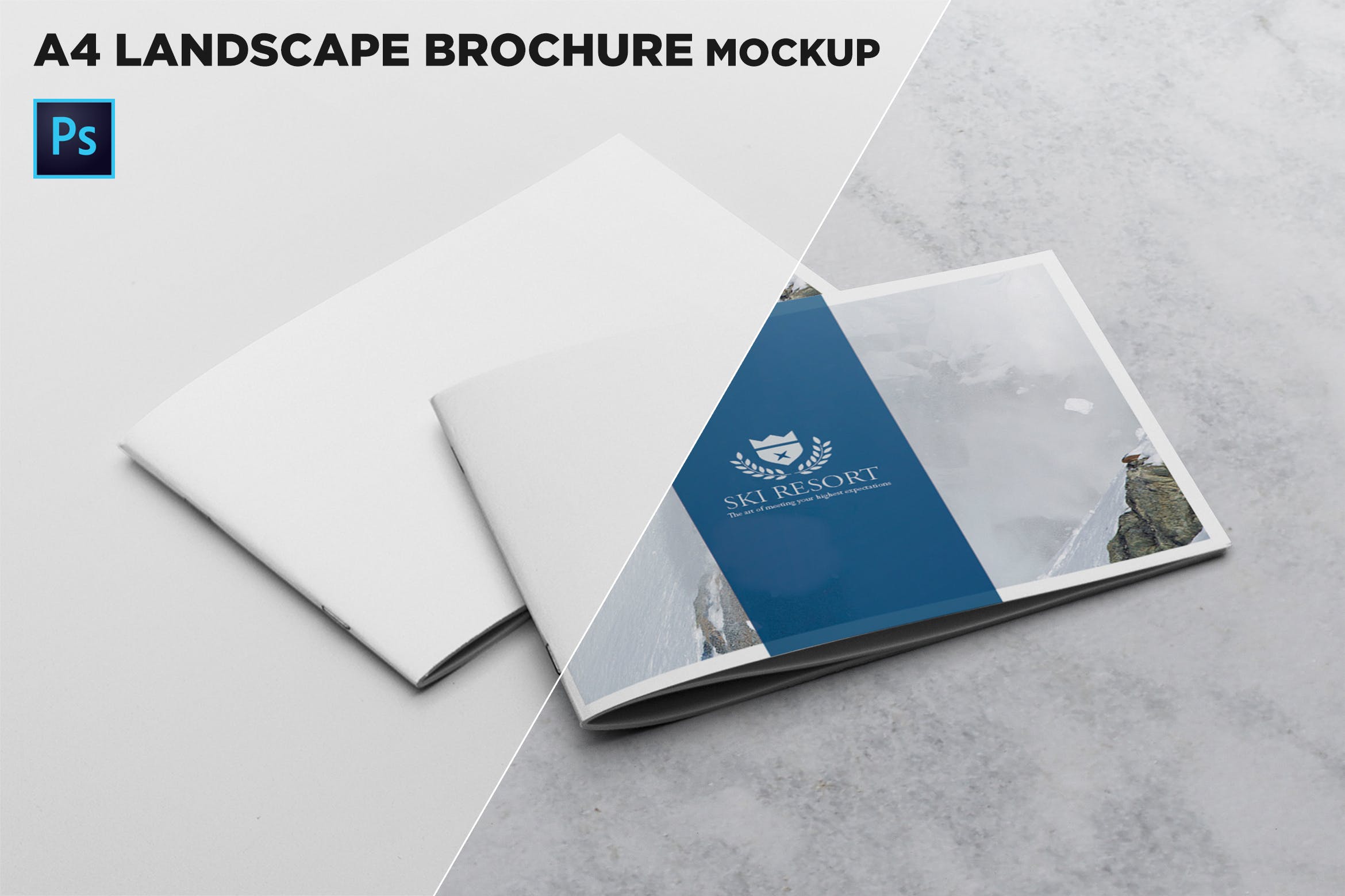 宣传画册/企业画册叠放效果图样机模板 2 Covers Landscape Brochure Mockup