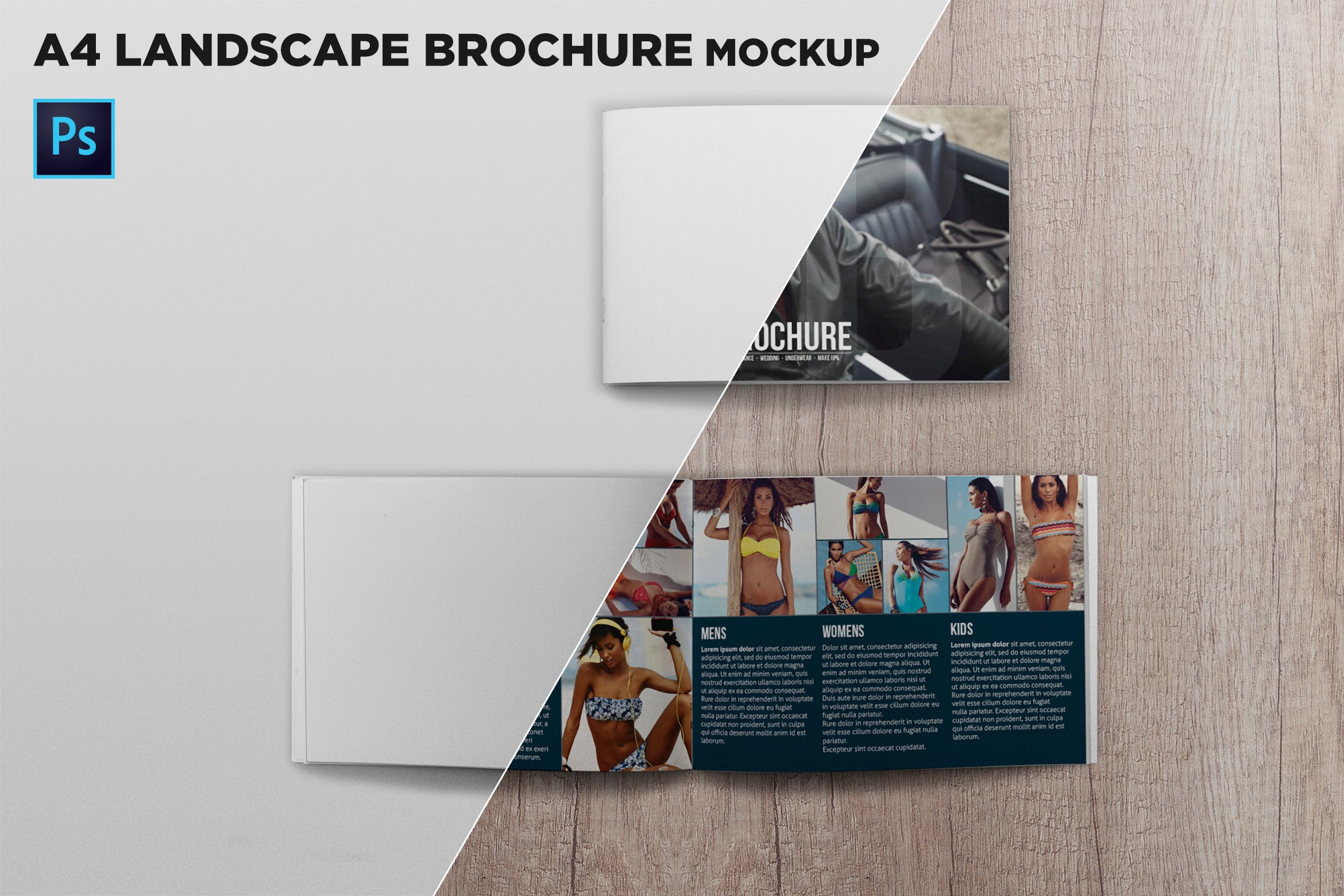 宣传画册/企业画册封面&内页版式设计效果图样机 Cover & Open Landscape Brochure Mockup Top View