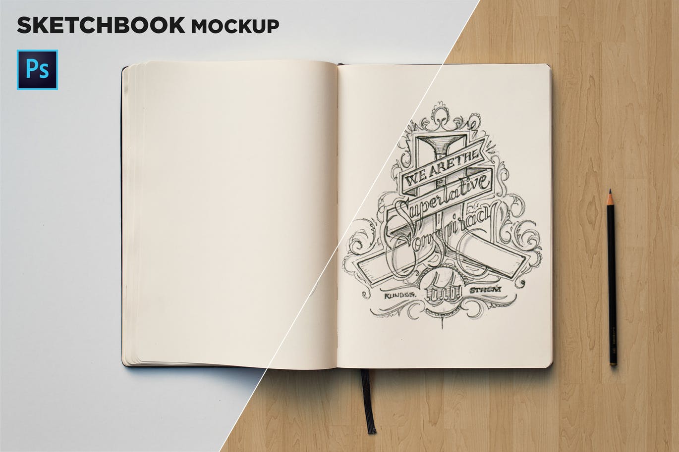 素描本内页设计/艺术作品展示顶视图样机 Sketchbook Mockup Top View