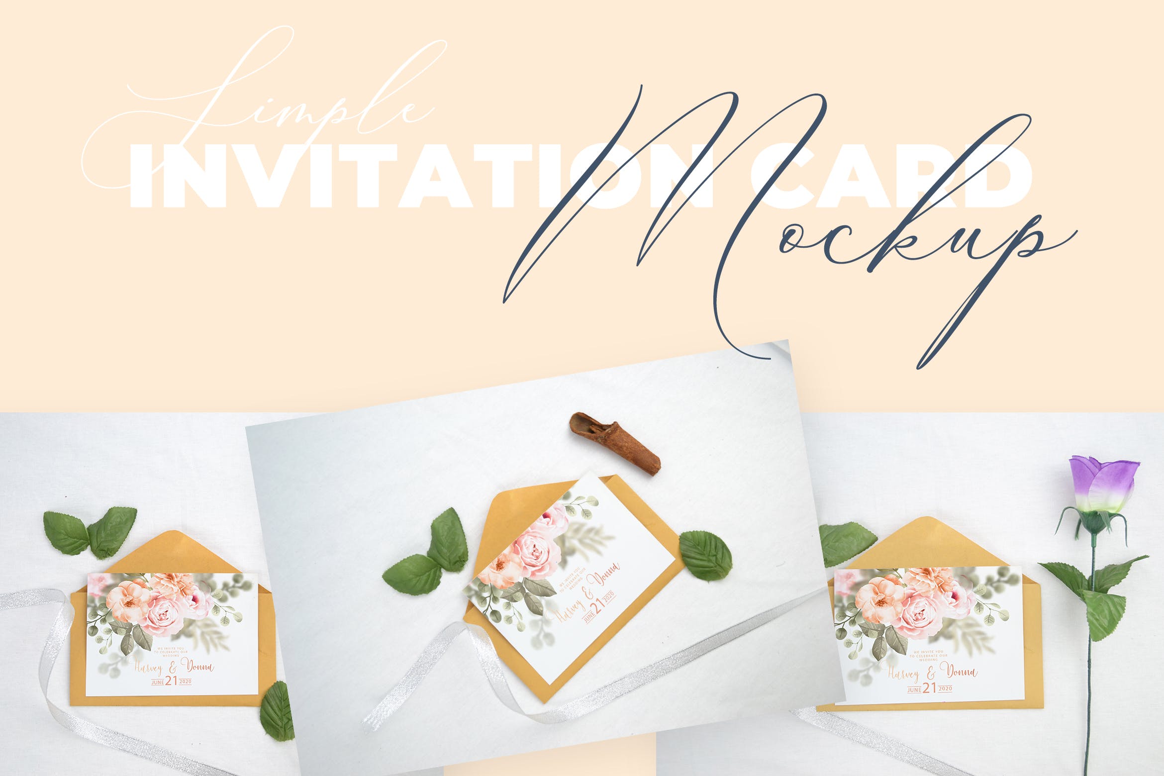婚礼邀请函设计效果图样机模板v3 Beautiful Realistic Wedding Invitation Mockup V3