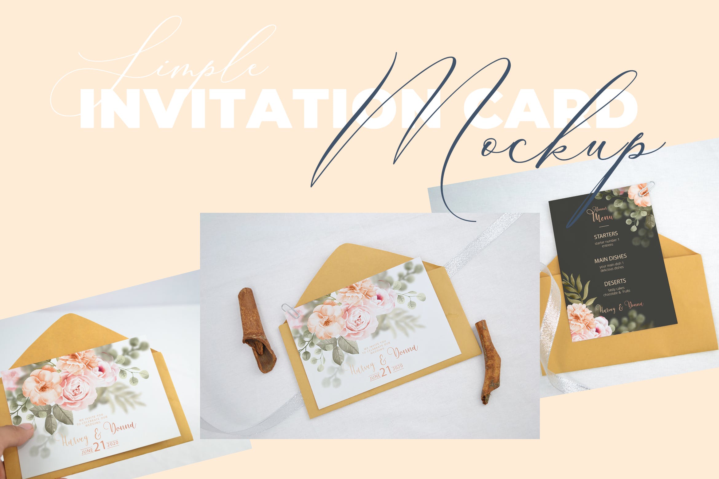 婚礼邀请函设计效果图样机模板v2 Realistic Wedding Invitation Card Mockup V2