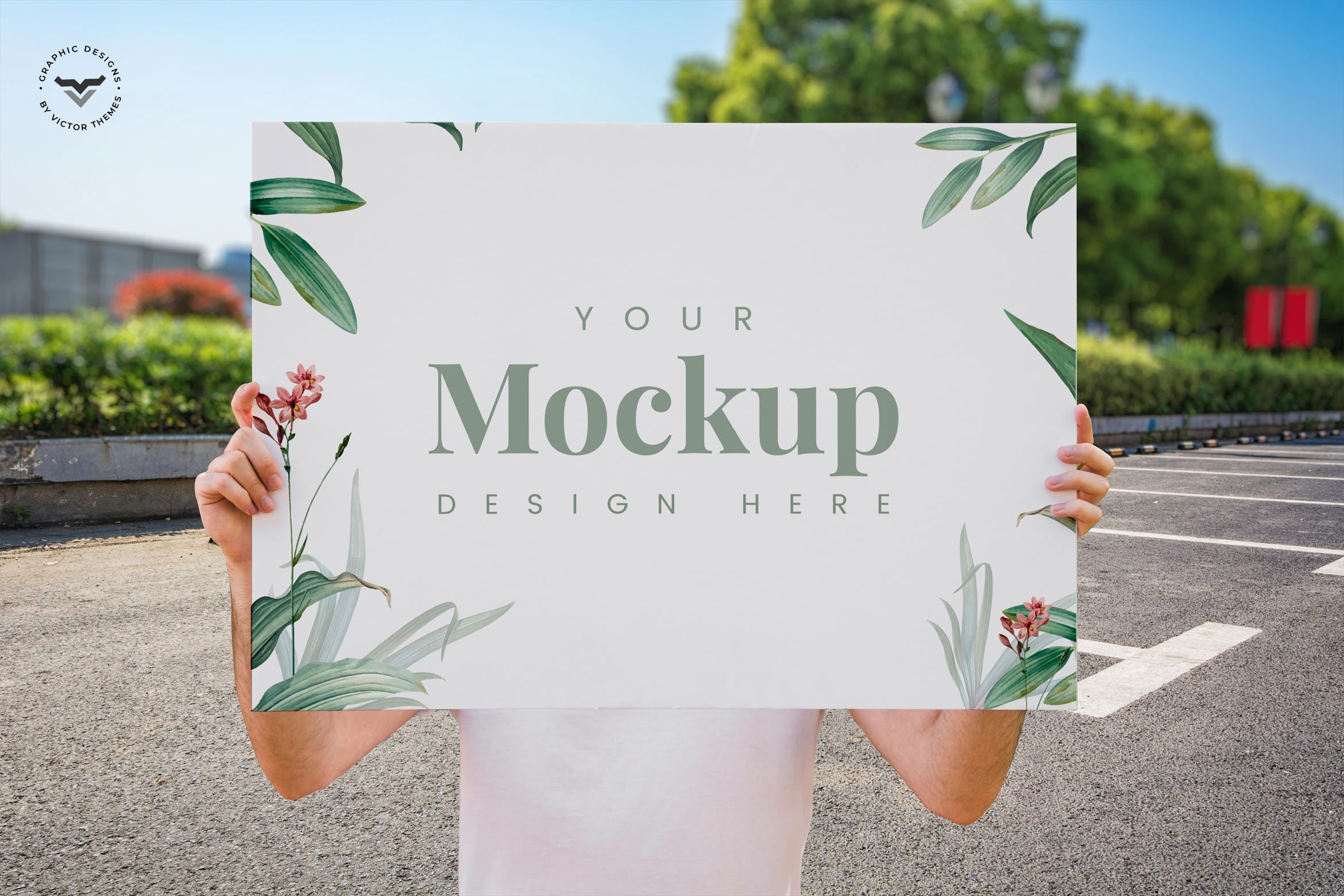 男子展示海报设计效果图样机 Man Presenting Poster Mockup