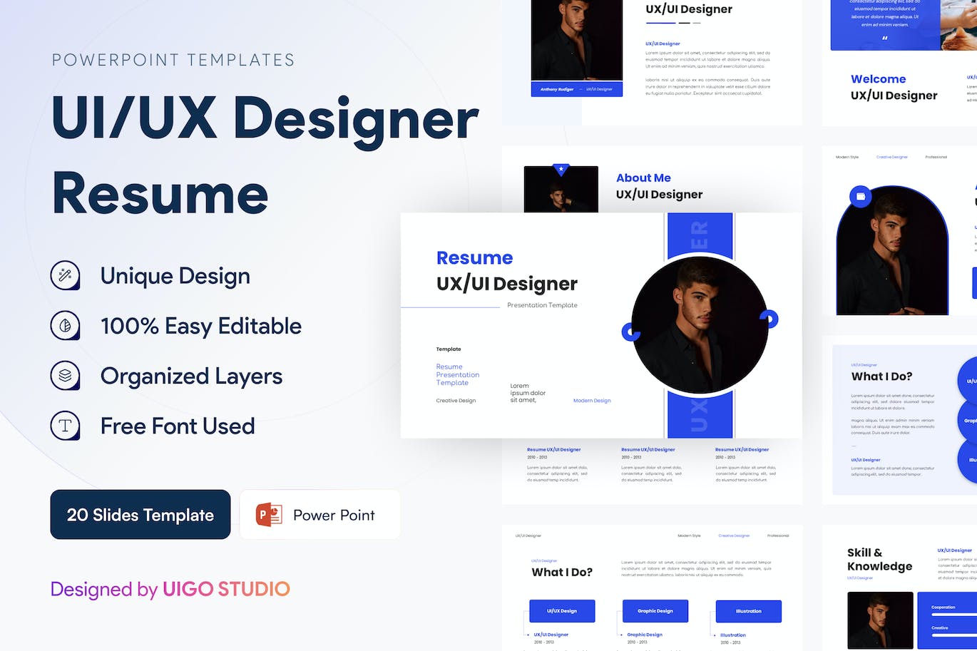 蓝色简约设计师个人简历求职简历PPT模板（pptx）
