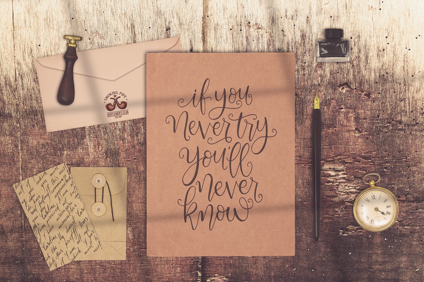 复古牛皮纸质用品样机模板 Vintage Script Scene Creator