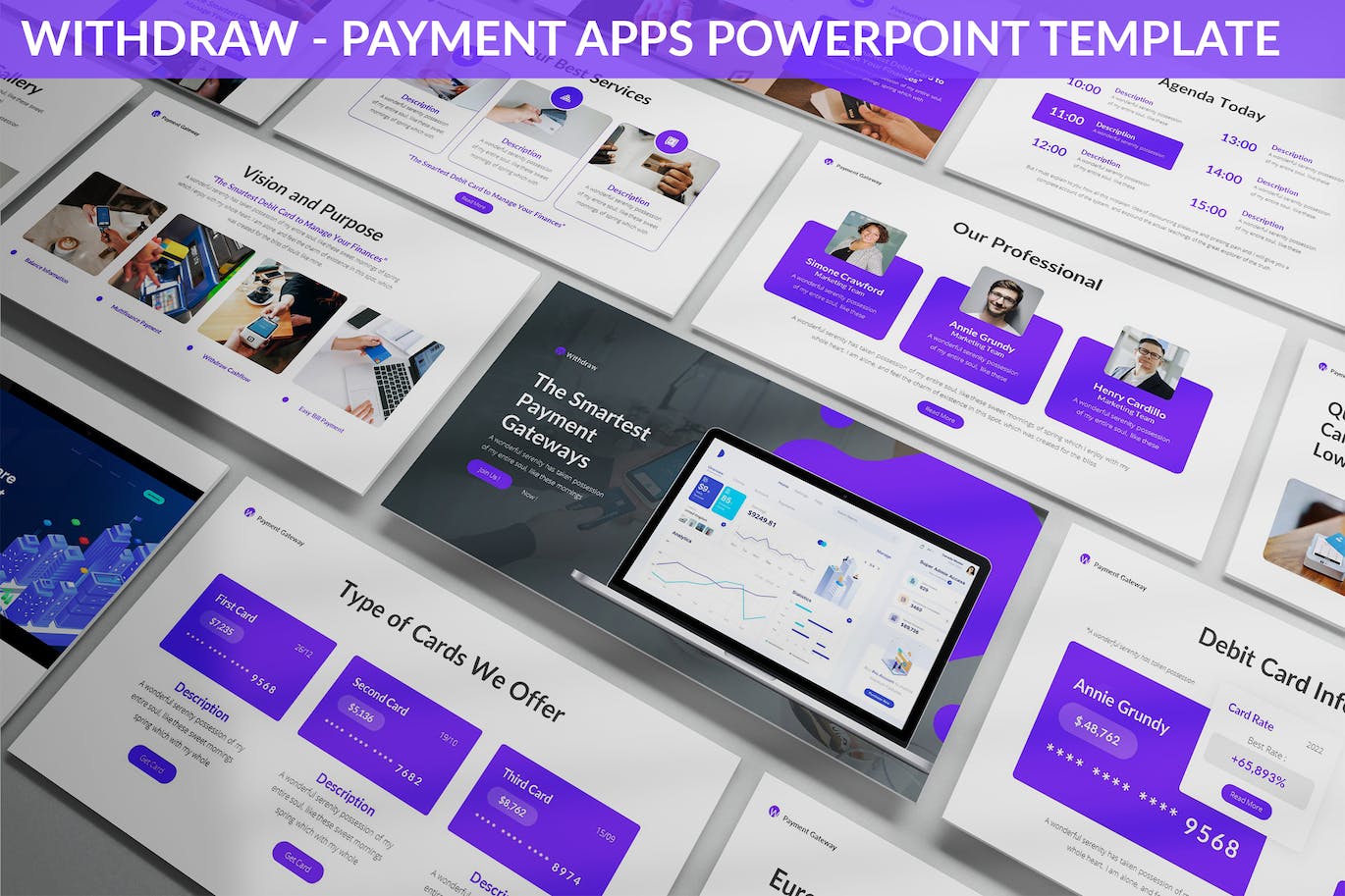 紫色渐变支付应用APP介绍powerpoint模板（pptx）