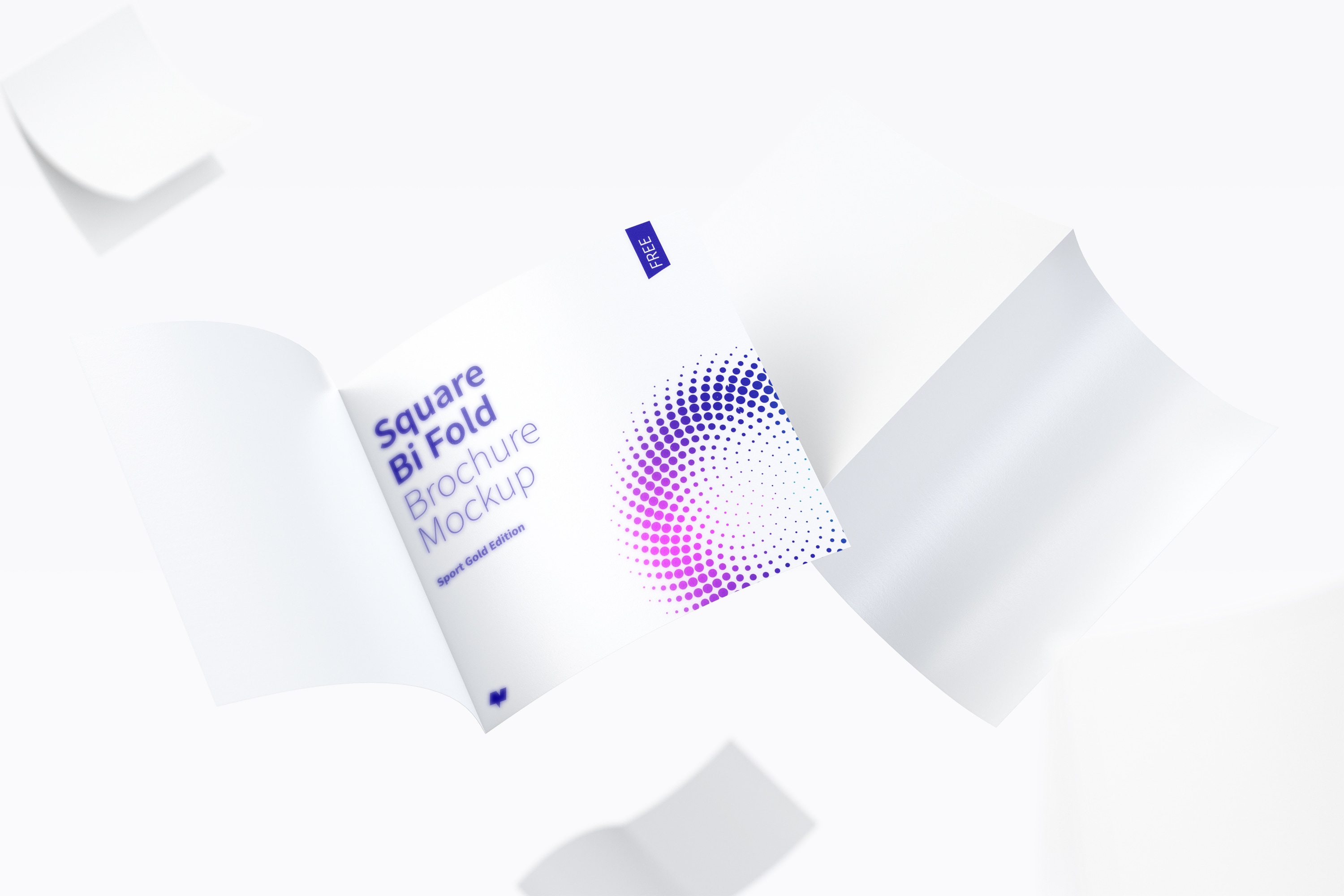 漂浮的方形对折小册子传单设计预览免费样机模板 FREE Square Bi Fold Brochure Mockup, Floating 3K