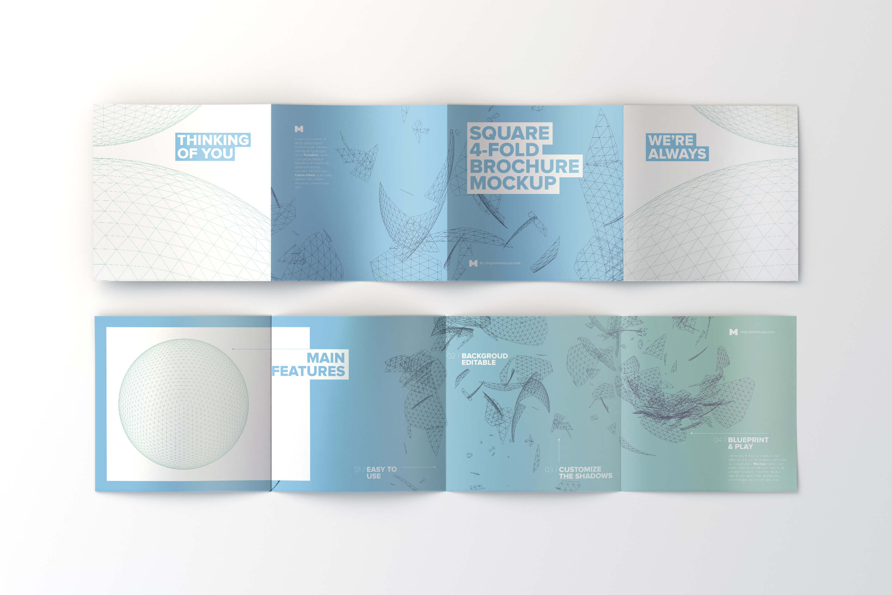 方形四折页企业传单/宣传册排版印刷效果图样机02 Spread Square 4-Fold Brochure Outside and Inside Mockup 02