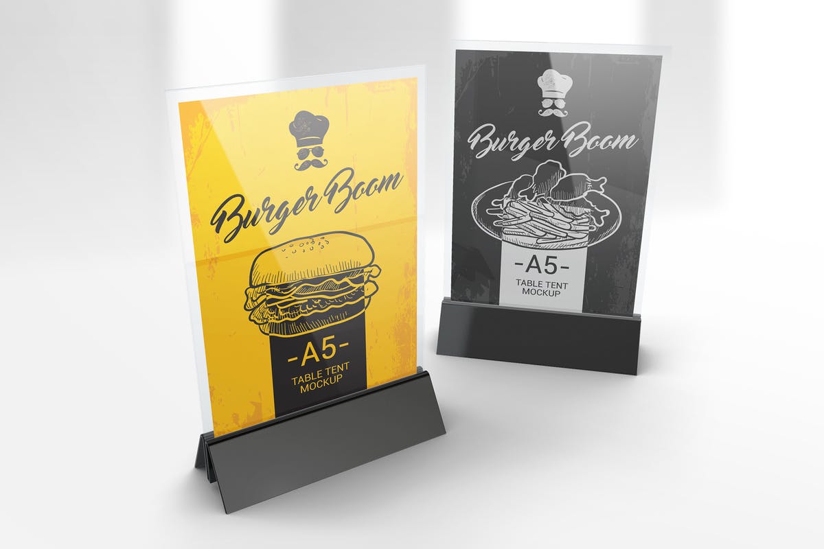A5尺寸透明菜单/桌号样机模板 Menu Holder Table Tent Mockups