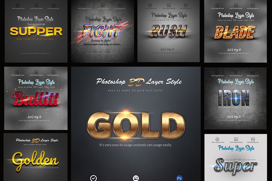 3D金属效果图层样式字体套装