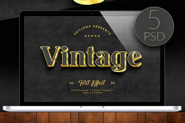 15个3D复古黑色金色文字和徽标PS图层样式套装