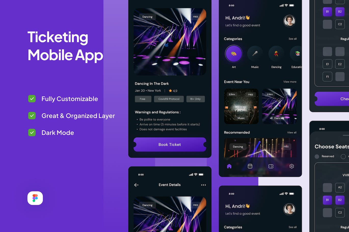 黑暗模式票务移动应用APP UI KIT