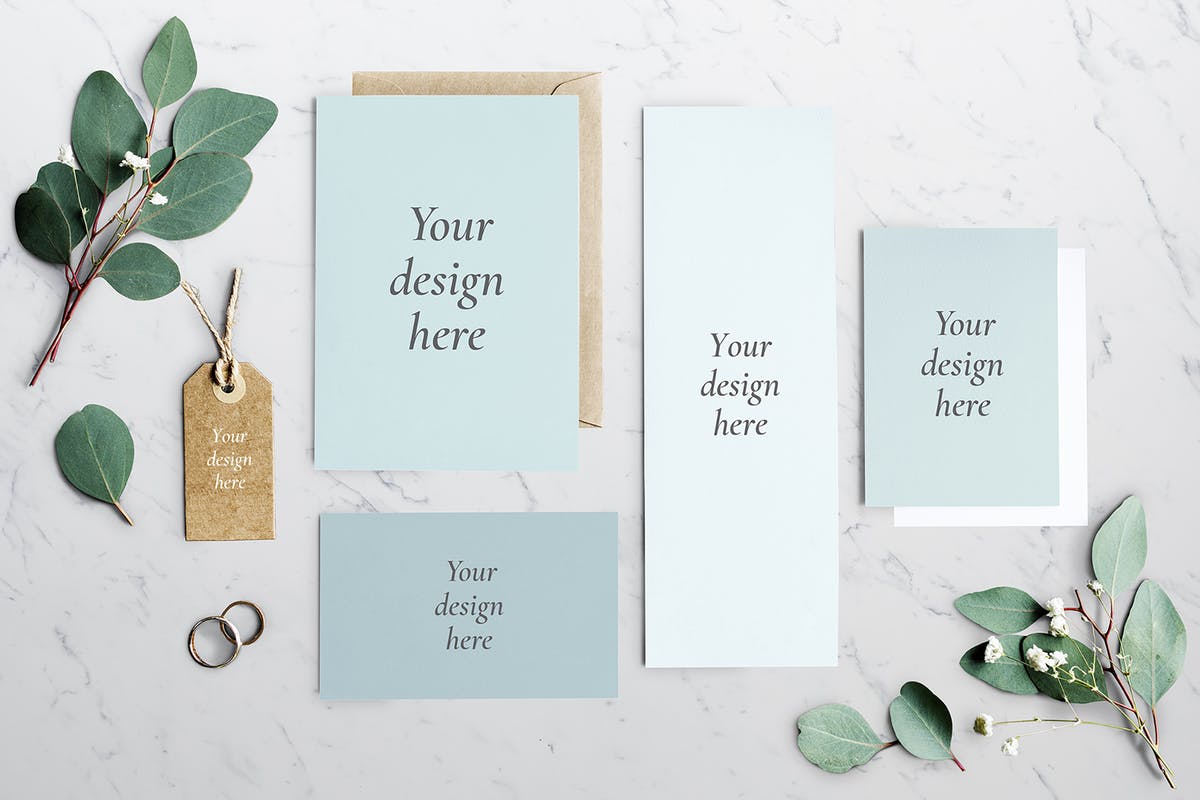 绿叶装饰婚礼邀请函样机套装 Wedding Invitation Mockup