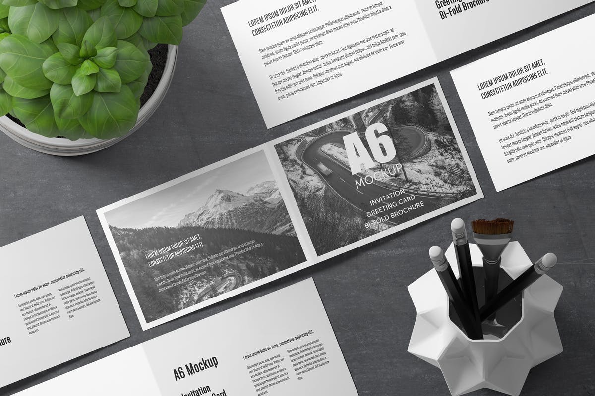 A6横向双折页宣传册样机 A6 Landscape Bi-Fold Brochure Greeting Card Mockup