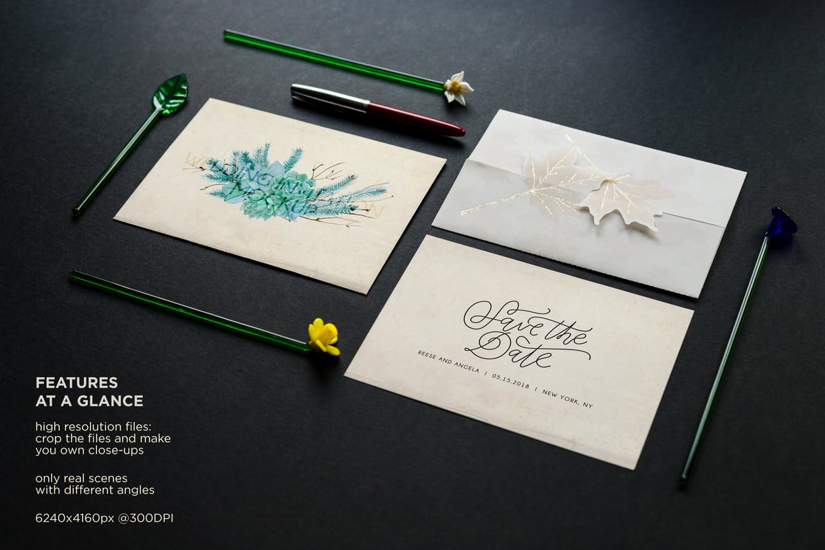 经典复古婚礼请柬样机模板 Vintage Wedding Invitation Mockup