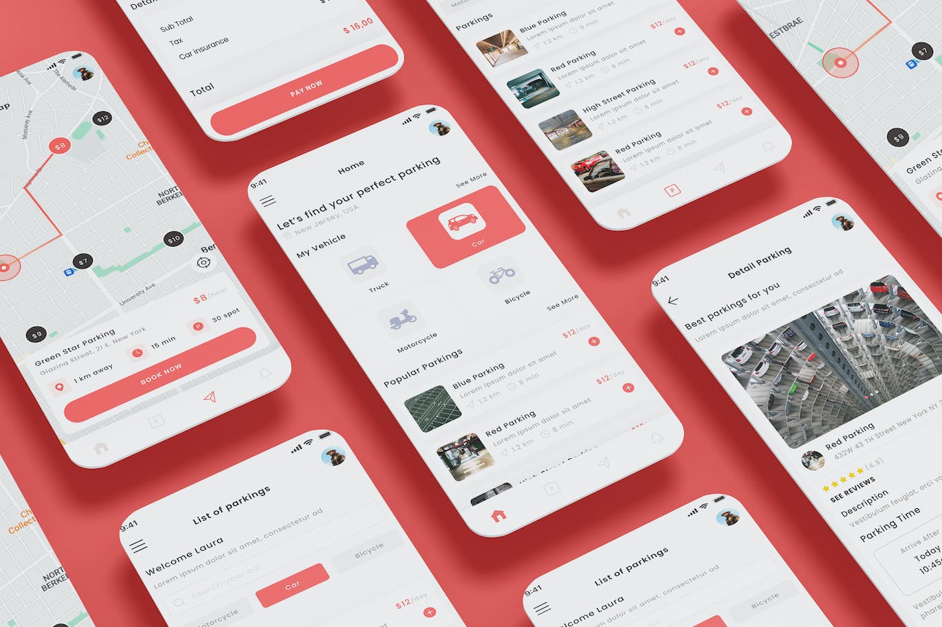 停车位查找器和摩托车车库应用App UI Kit