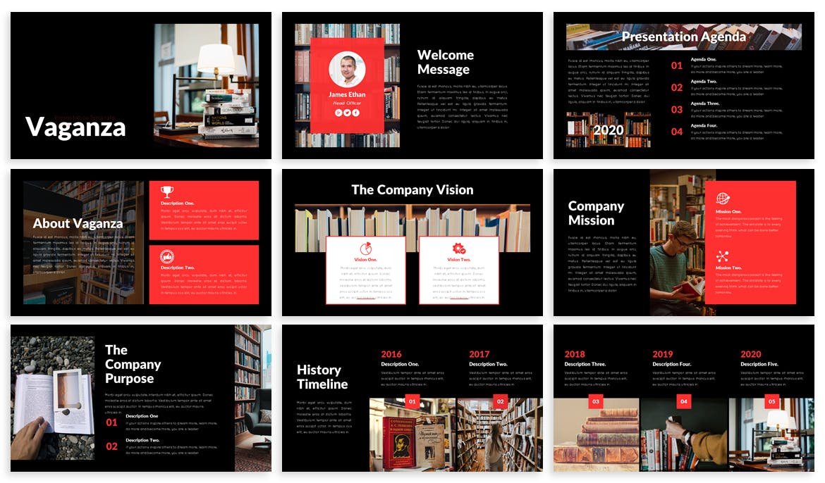 黑色图书馆谷歌幻灯片PPTX模板