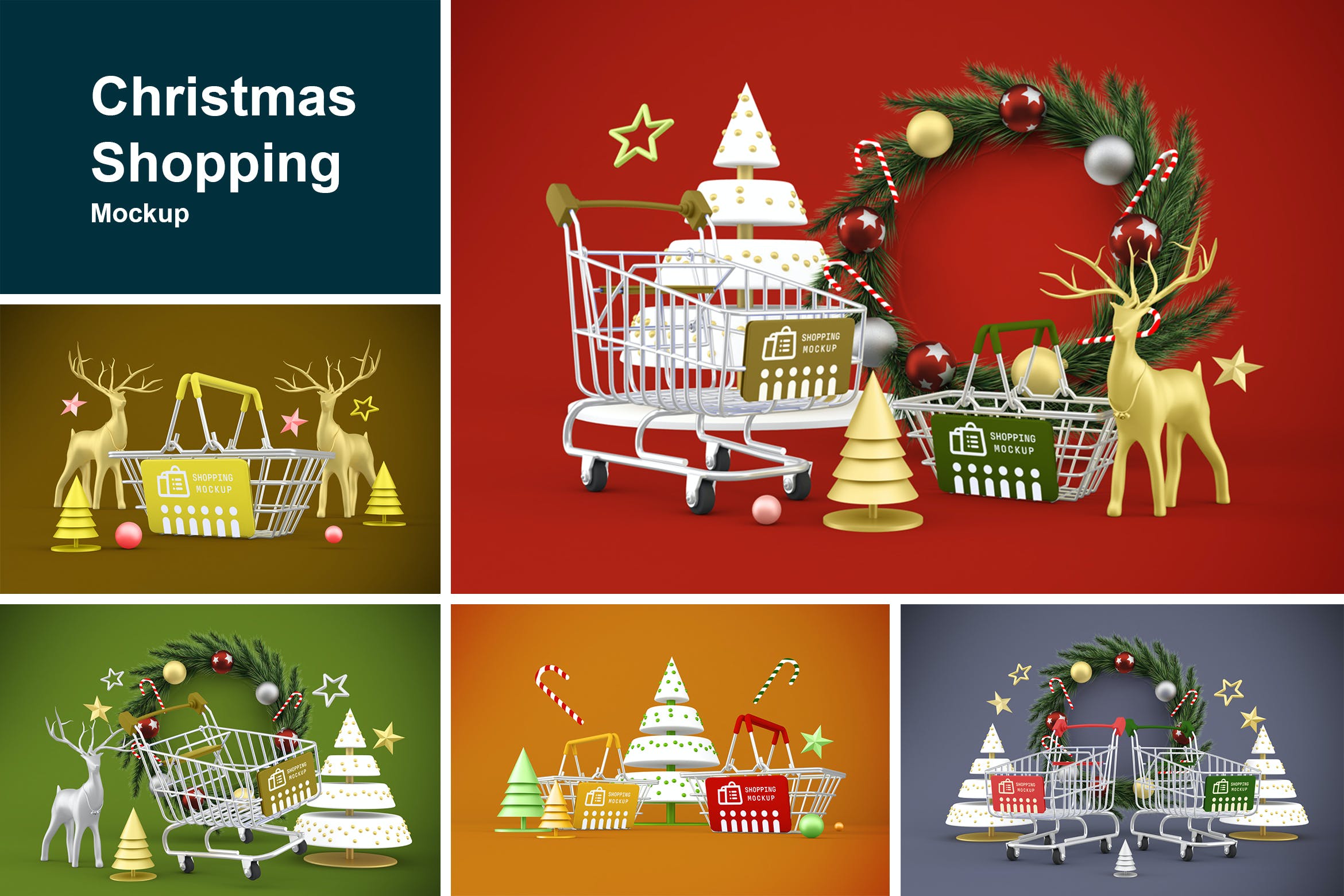 圣诞主题背景购物车&购物篮设计样机 Christmas shopping