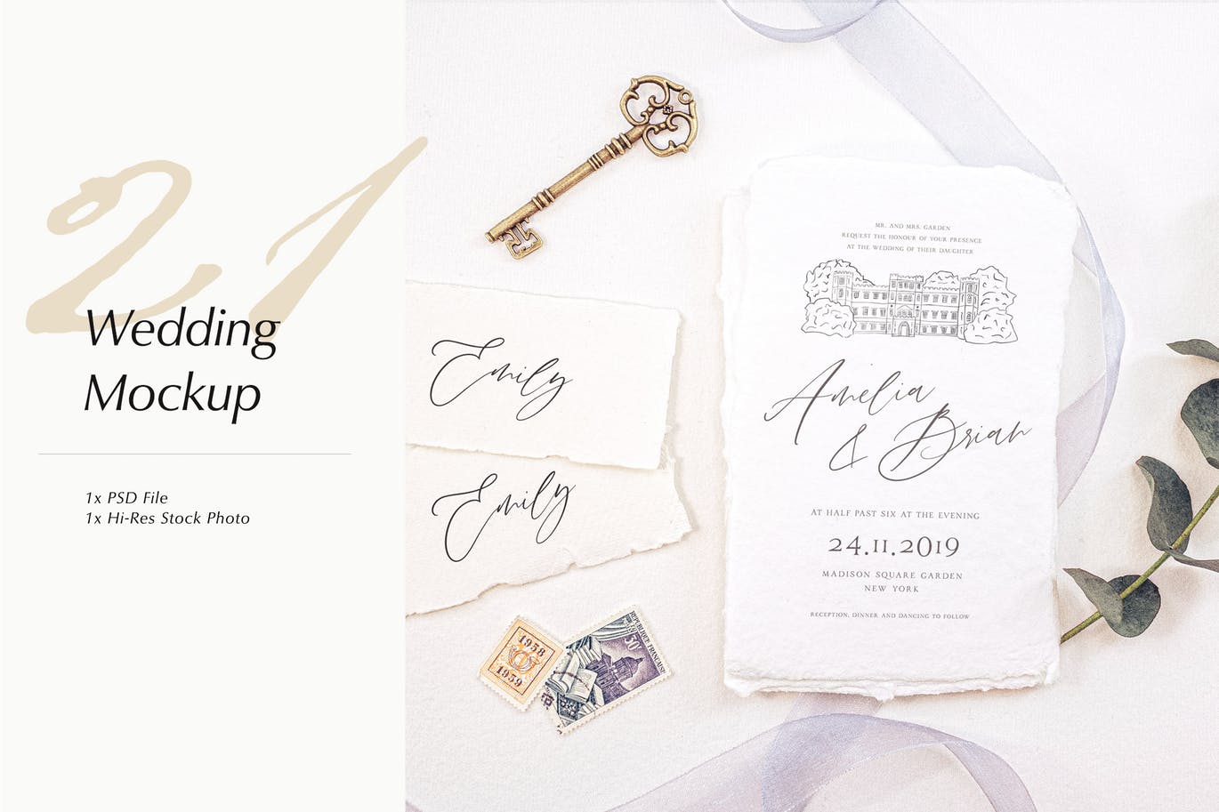 优雅风格婚礼照片&婚礼邀请函设计样机模板v21 Wedding Photo Mockup 21