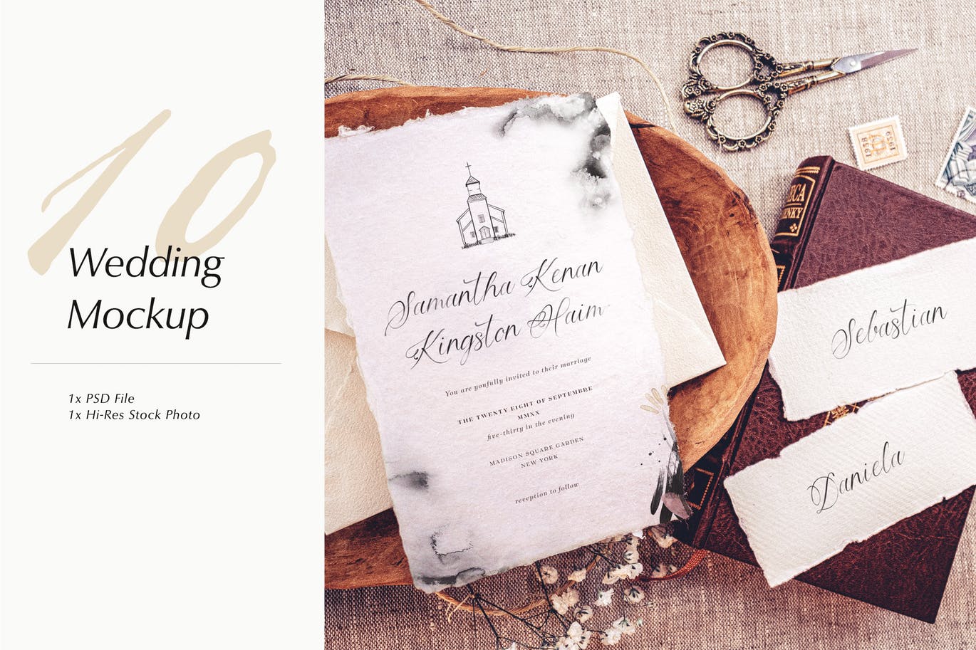 优雅风格婚礼照片&婚礼邀请函设计样机模板v10 Wedding Photo Mockup 10