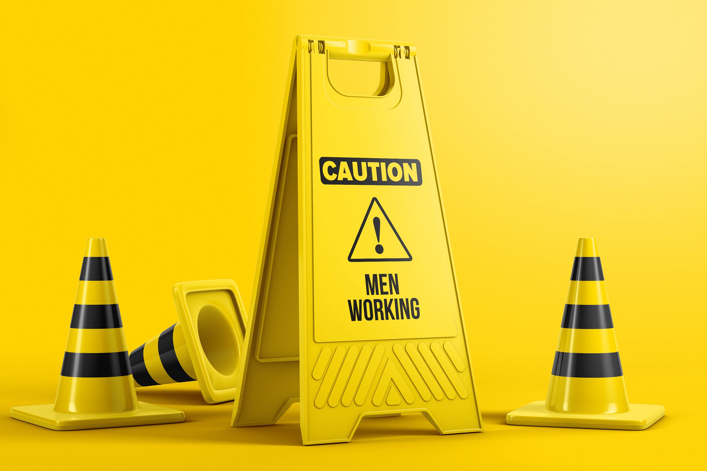 塑料地板警示牌设计图样机模板 Plastic Caution Floor Sign Board Mockup