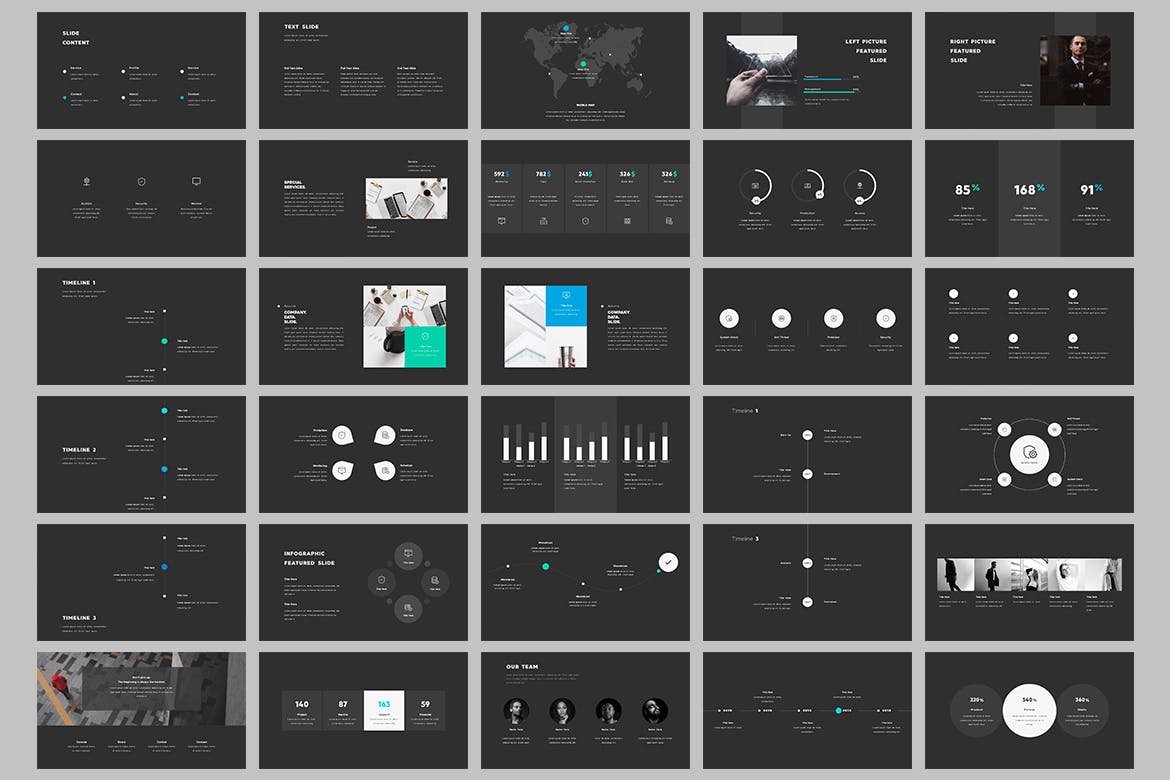 有设计感的酷炫多图表风格PPT模板下载（PPTX，深色+浅色）