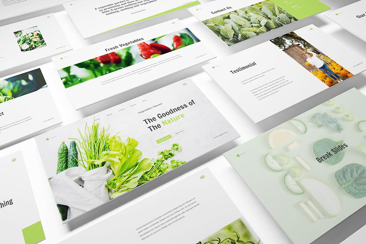 清新时尚绿色健康蔬菜水果主题的keynote幻灯片演示模板（key）