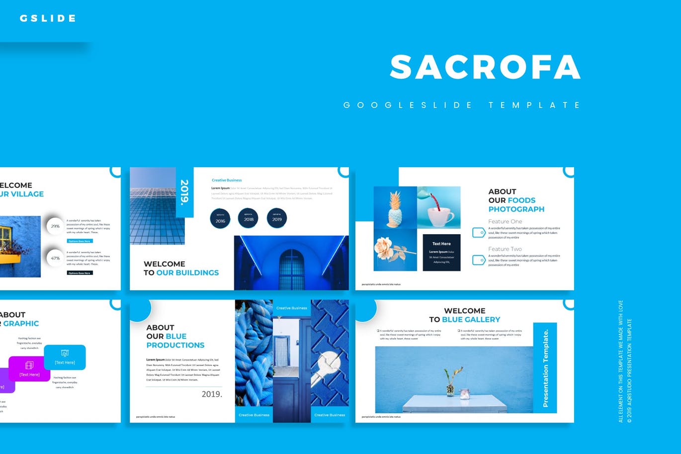 PPT模板 | 蓝色多功能演示业务个人品牌信息图画廊作品集幻灯片Google SLides模板