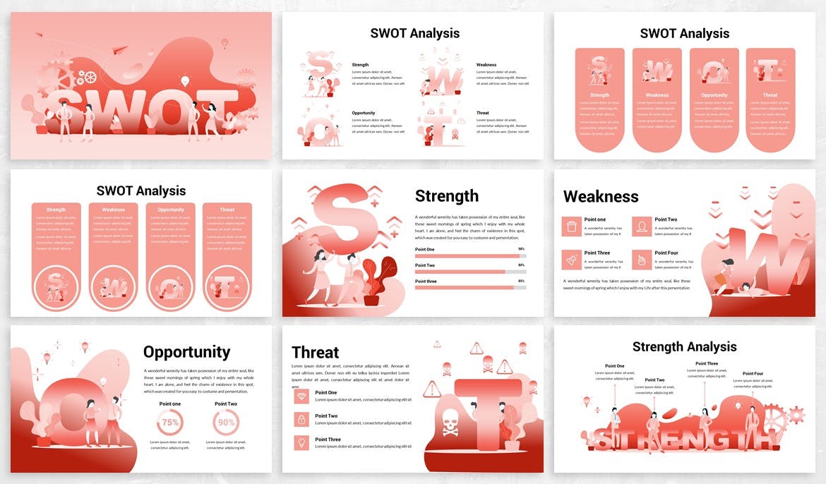 优劣势（SWOT）分析PPT设计插画素材下载[PPTX]