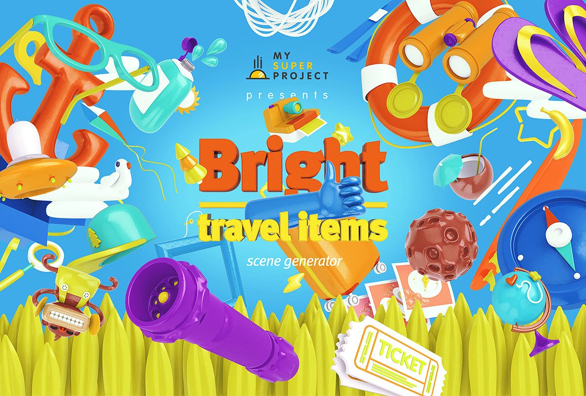 Bright Travel Items Scene Generator卡通风格的旅游物品展示样机下载 1.38 GB[psd]