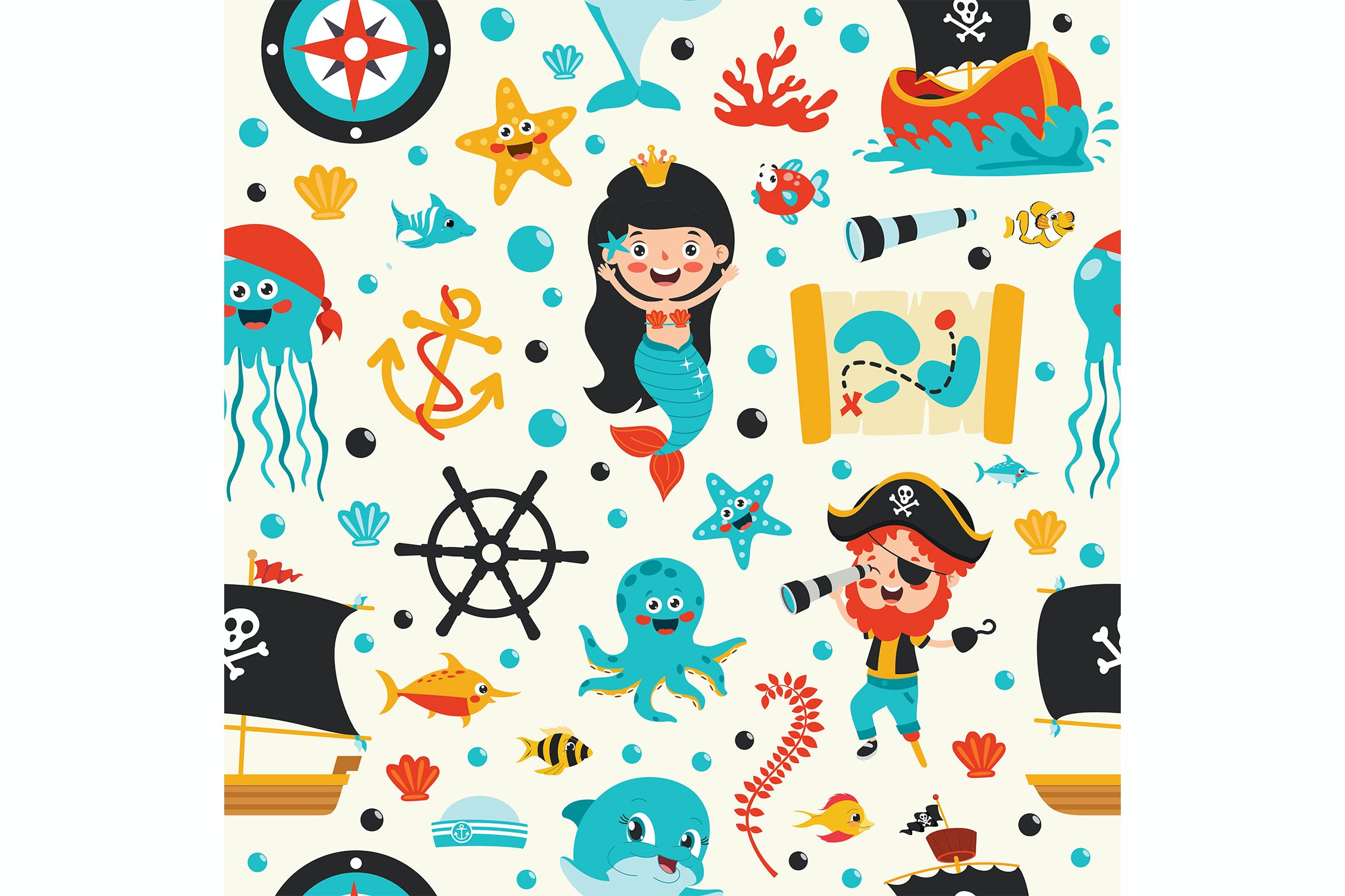 海洋元素无缝图案设计素材 Seamless Pattern Design With Sea Elements