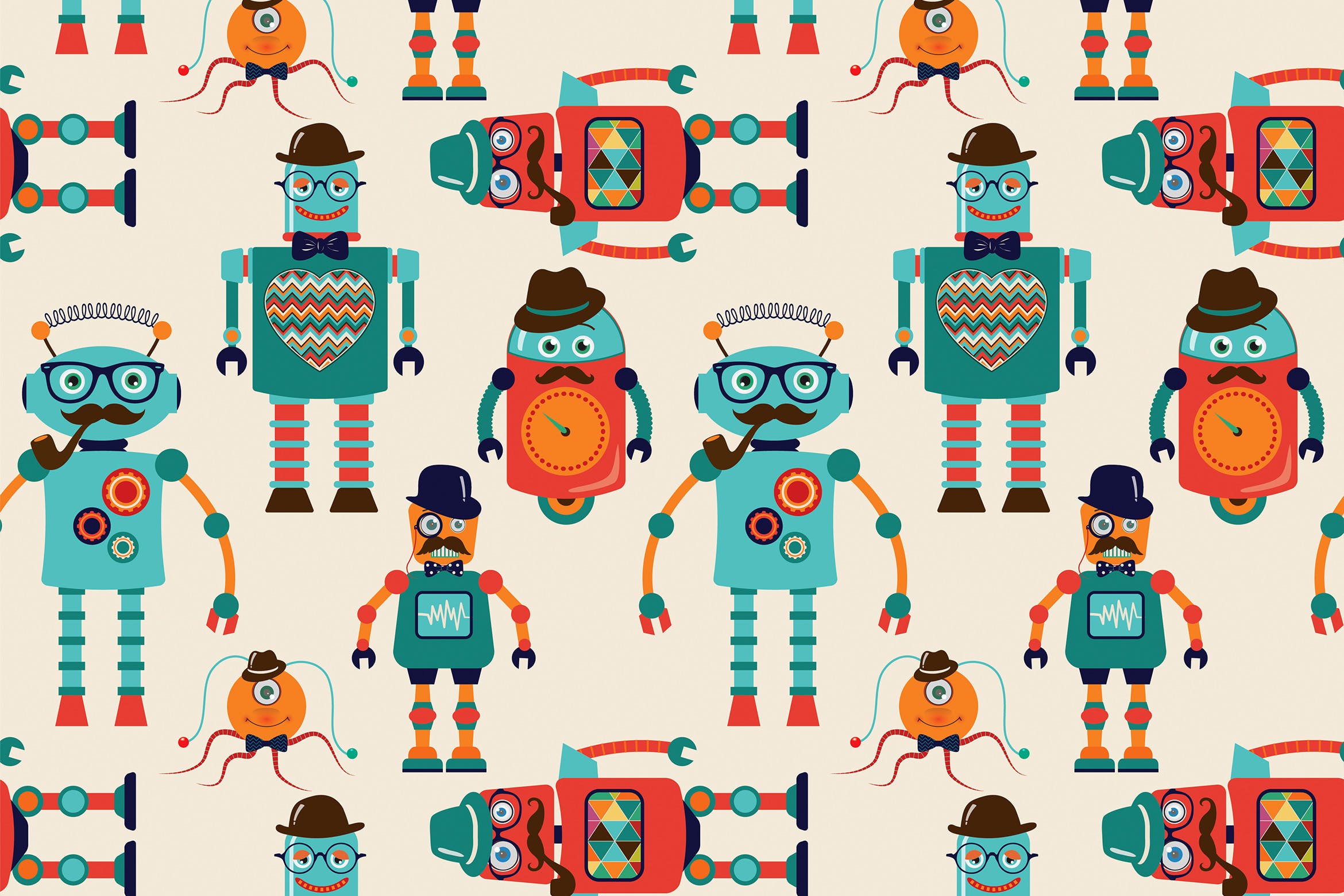 复古机器人无缝图案 Retro Robots Seamless Pattern