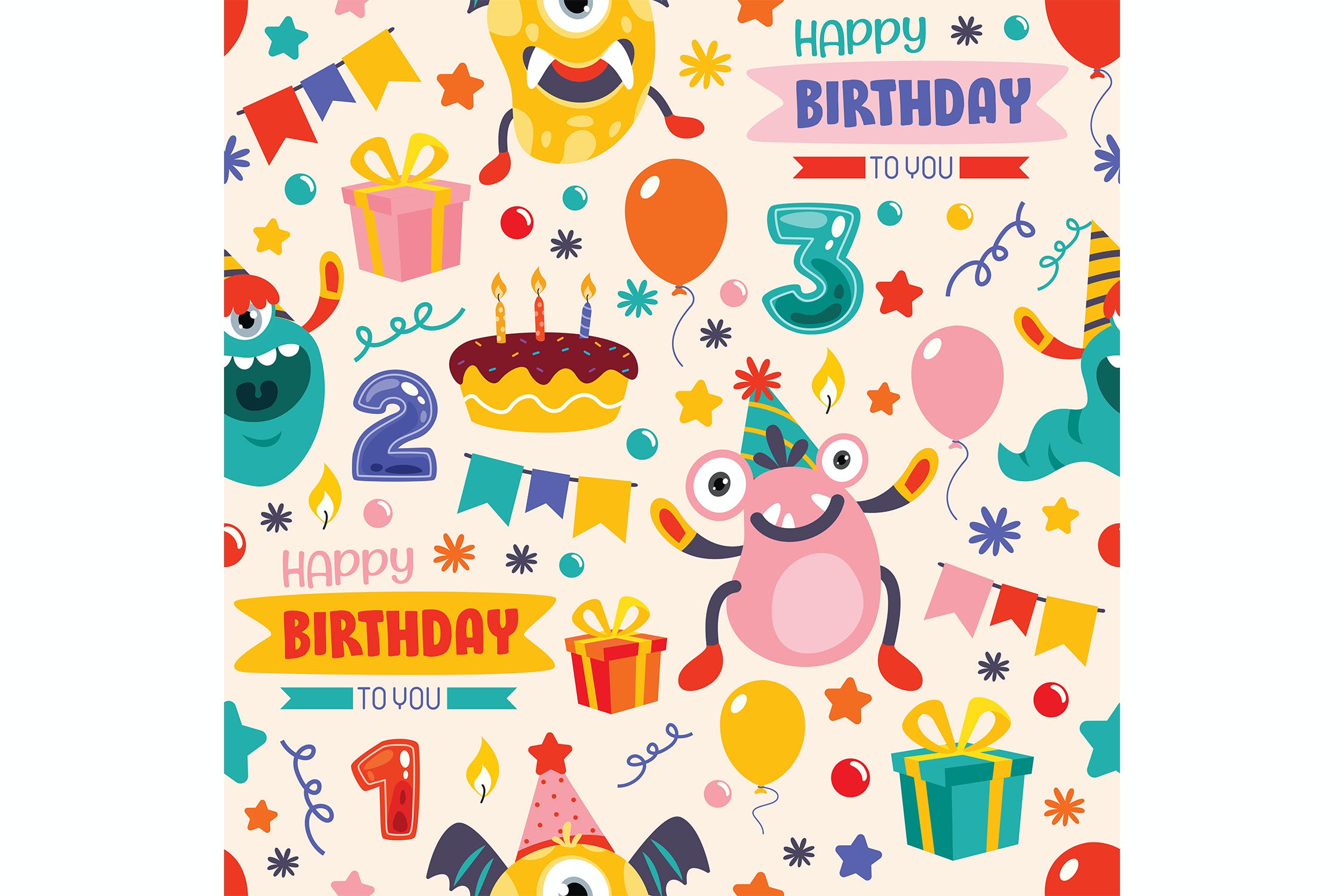 怪物&生日元素无缝图案设计素材 Seamless Pattern Design With  Monsters