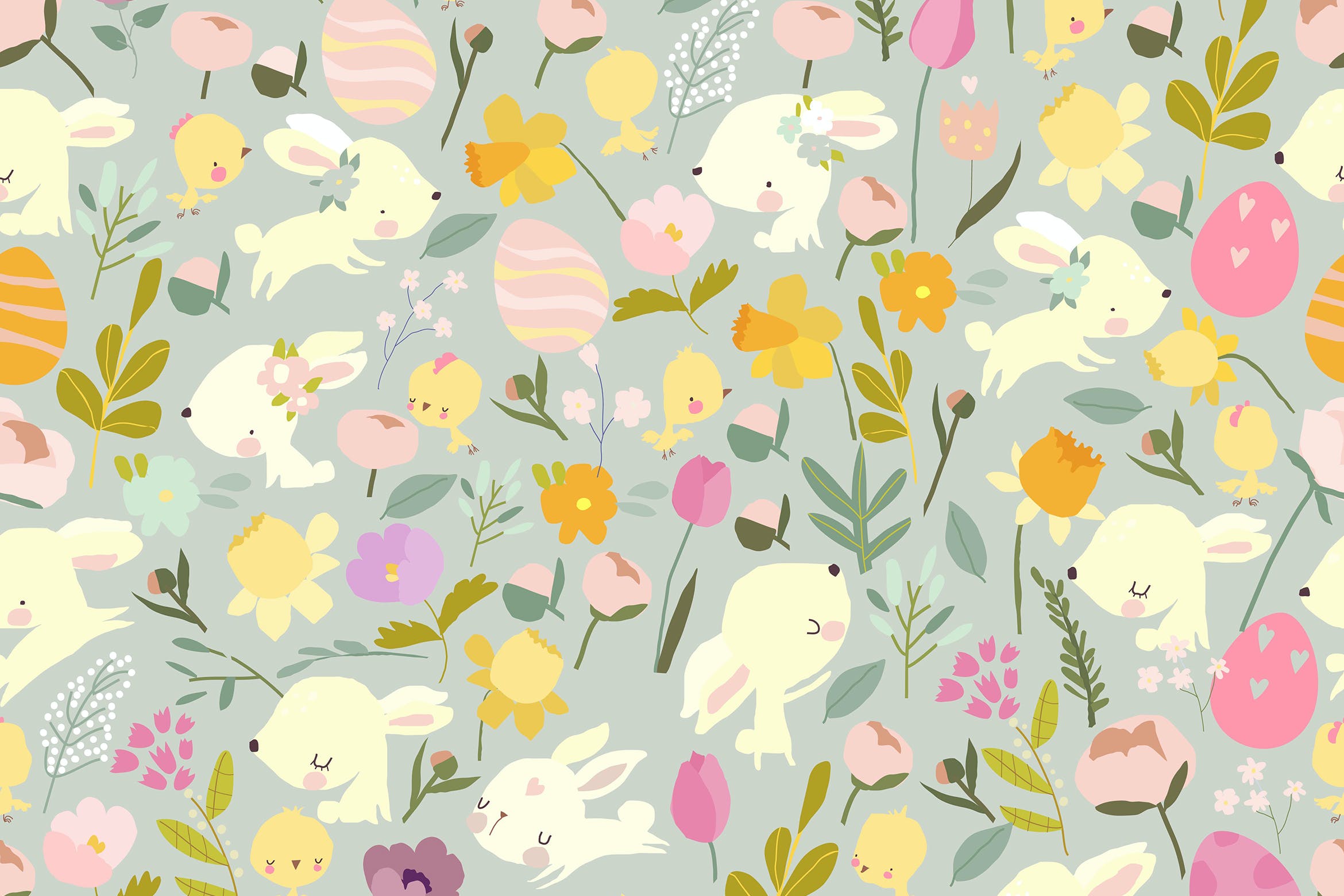 复活节兔子&花卉矢量无缝图案 Vector Seamless Pattern with Funny Easter Rabbits