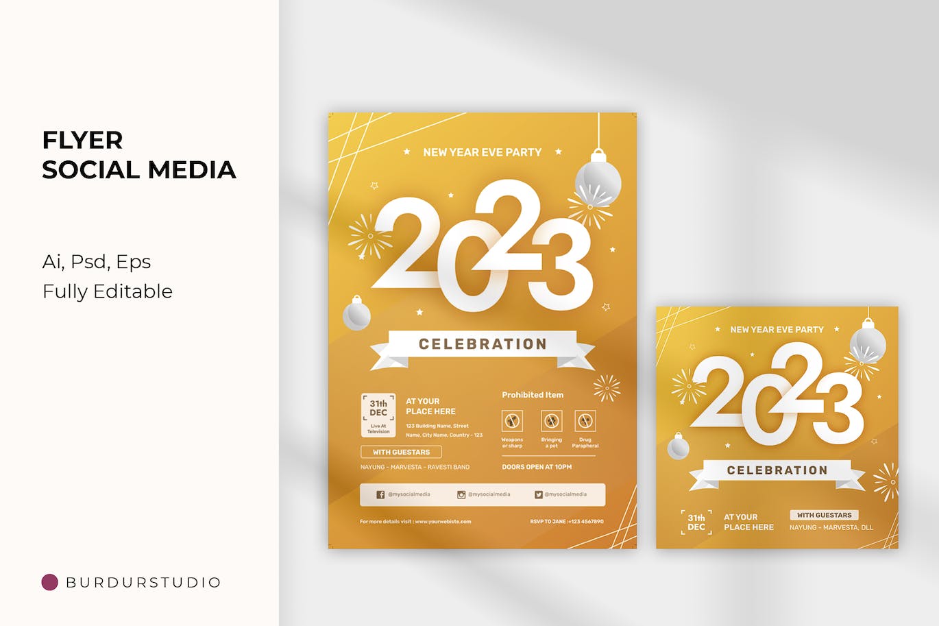 黄金配色2023年新年海报传单设计模板