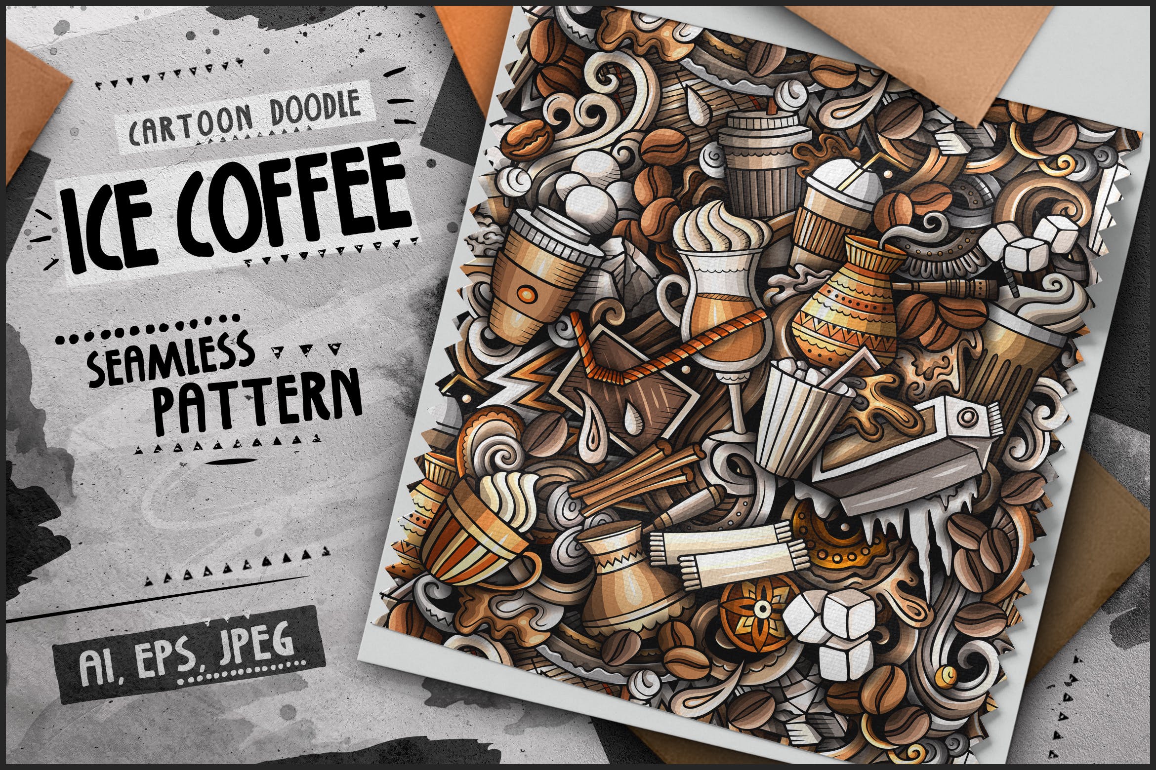 冰咖啡卡通无缝图案素材 Ice Coffee Cartoon Seamless Pattern