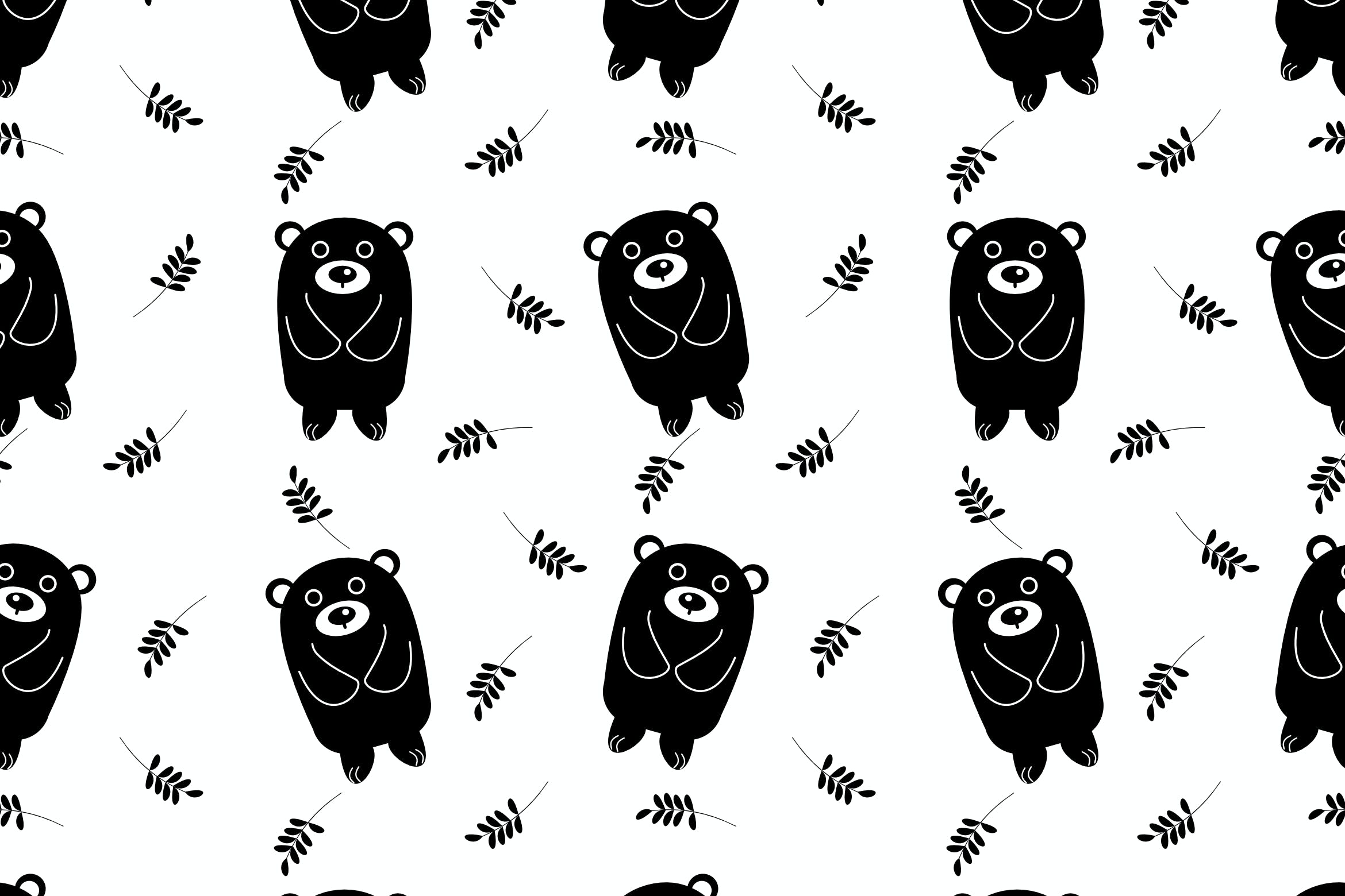 黑色熊和叶子无缝图案 Black Bear and Black leaves Seamless Pattern